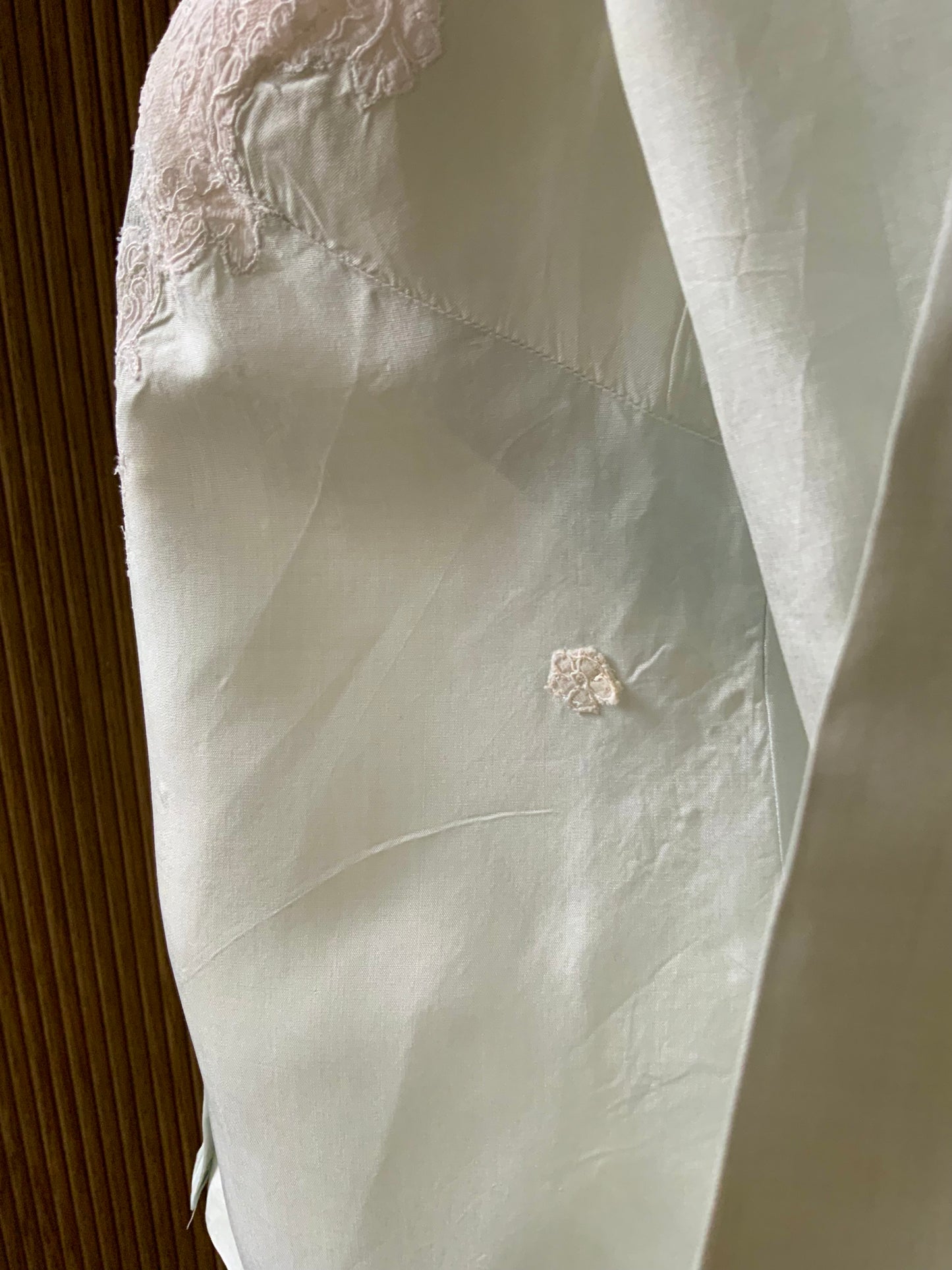 1940s Silk Satin Blouse with Lace Appliqué | Mint Green | Edwardian Revival-40AT