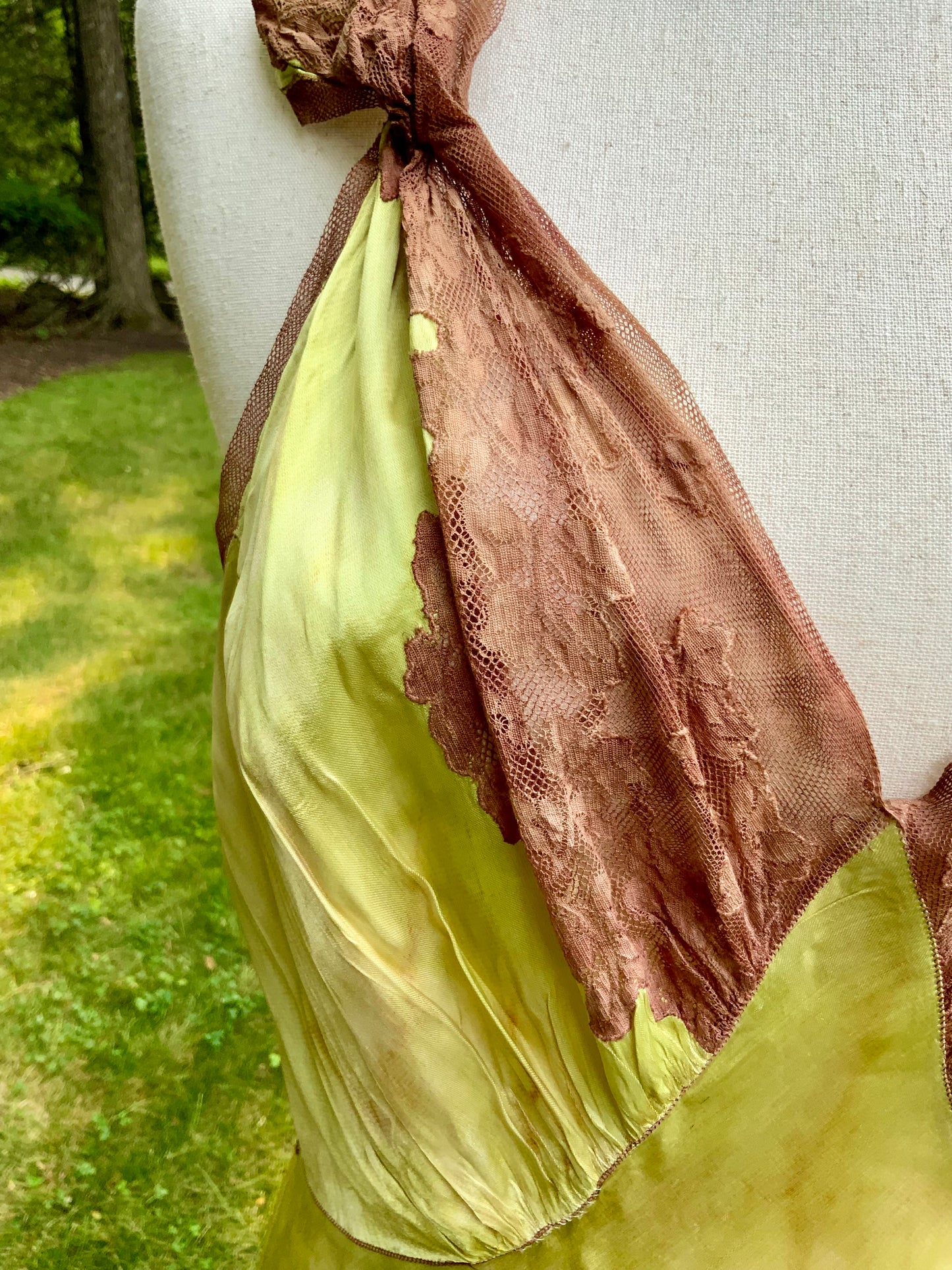 1930s Hand Dyed     Botanical Inspired Hand Dyed Silk Slip Dress. One of a Kind Woodland Fairy Bias Cut Gown.30BZ