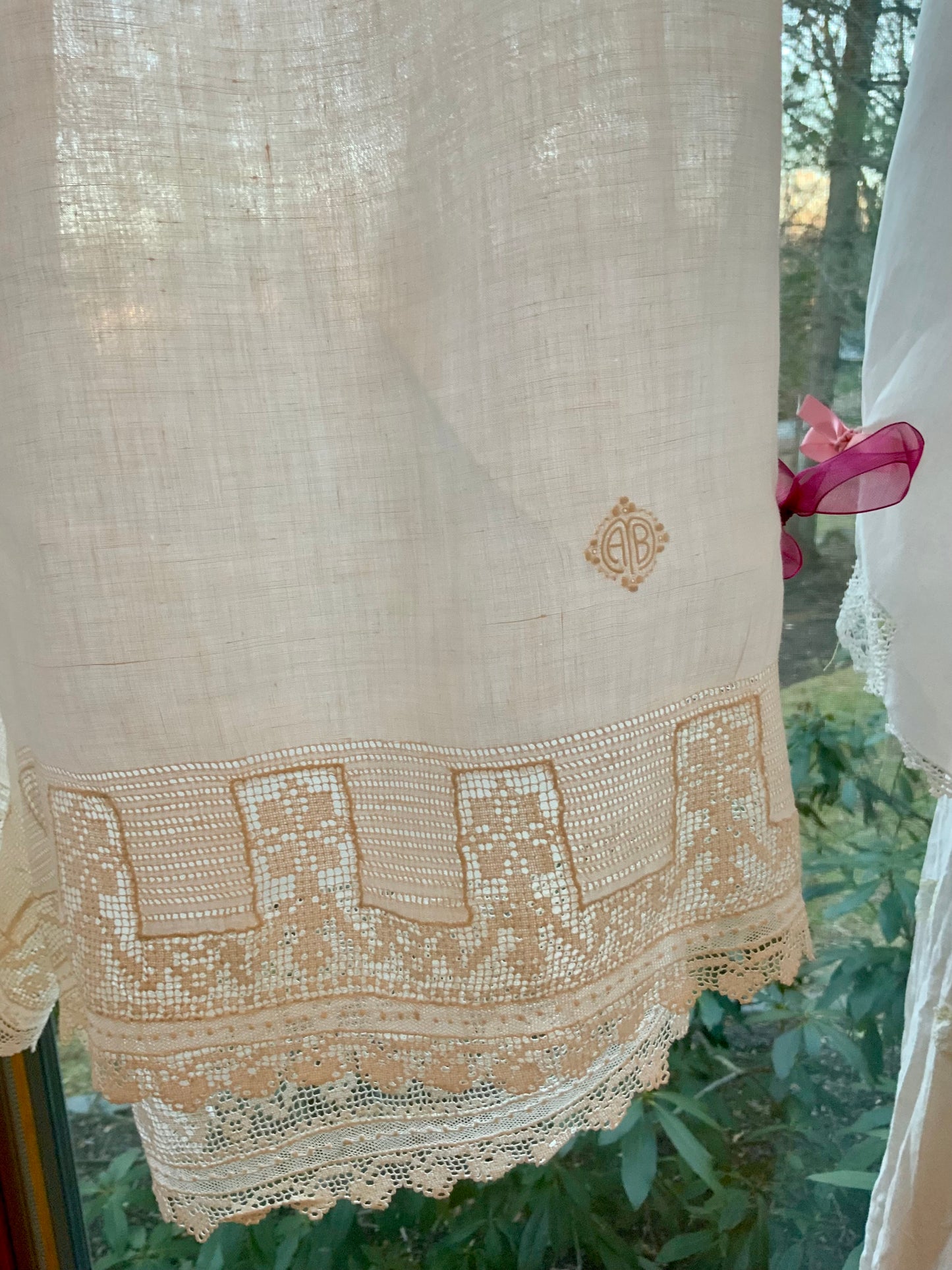 Antique Edwardian Cotton Bloomers c.1905–1915 | Filet Lace Ribbon Hem | Hand Monogram “AB” | Split Drawers Lingerie-ED69