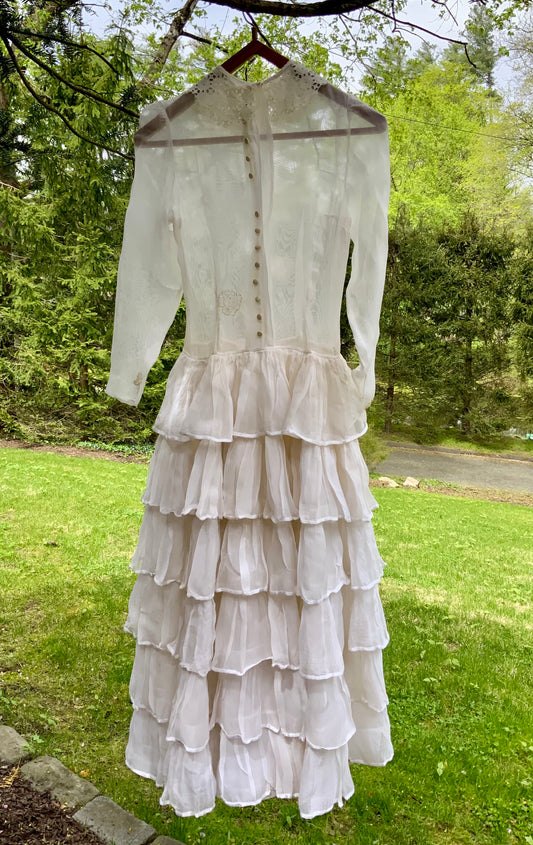 Antique Edwardian Sheer Lace Dress | Tiered Ruffle Bridal Gown | Hand Restored-ED82