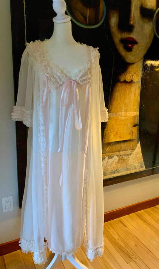 Vintage 1960s Dorothy Peignoir Set Sheer Nylon Robe Nightgown Lace Pink Ribbon Boudoir-60N