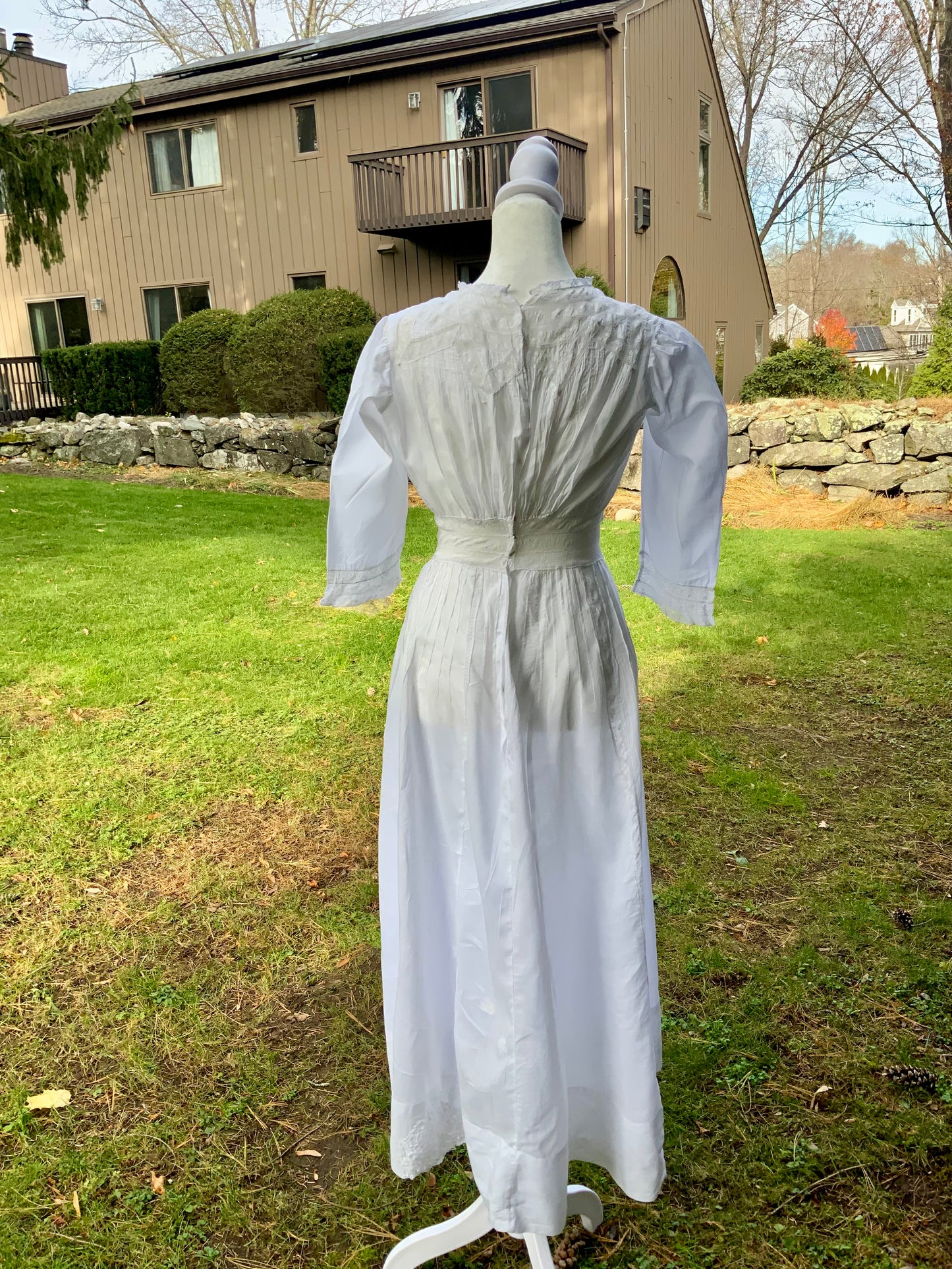 Edwardian White Cotton Lace Tea Dress c.1908–1914 — Pintucks, Lace Inserts - ED37