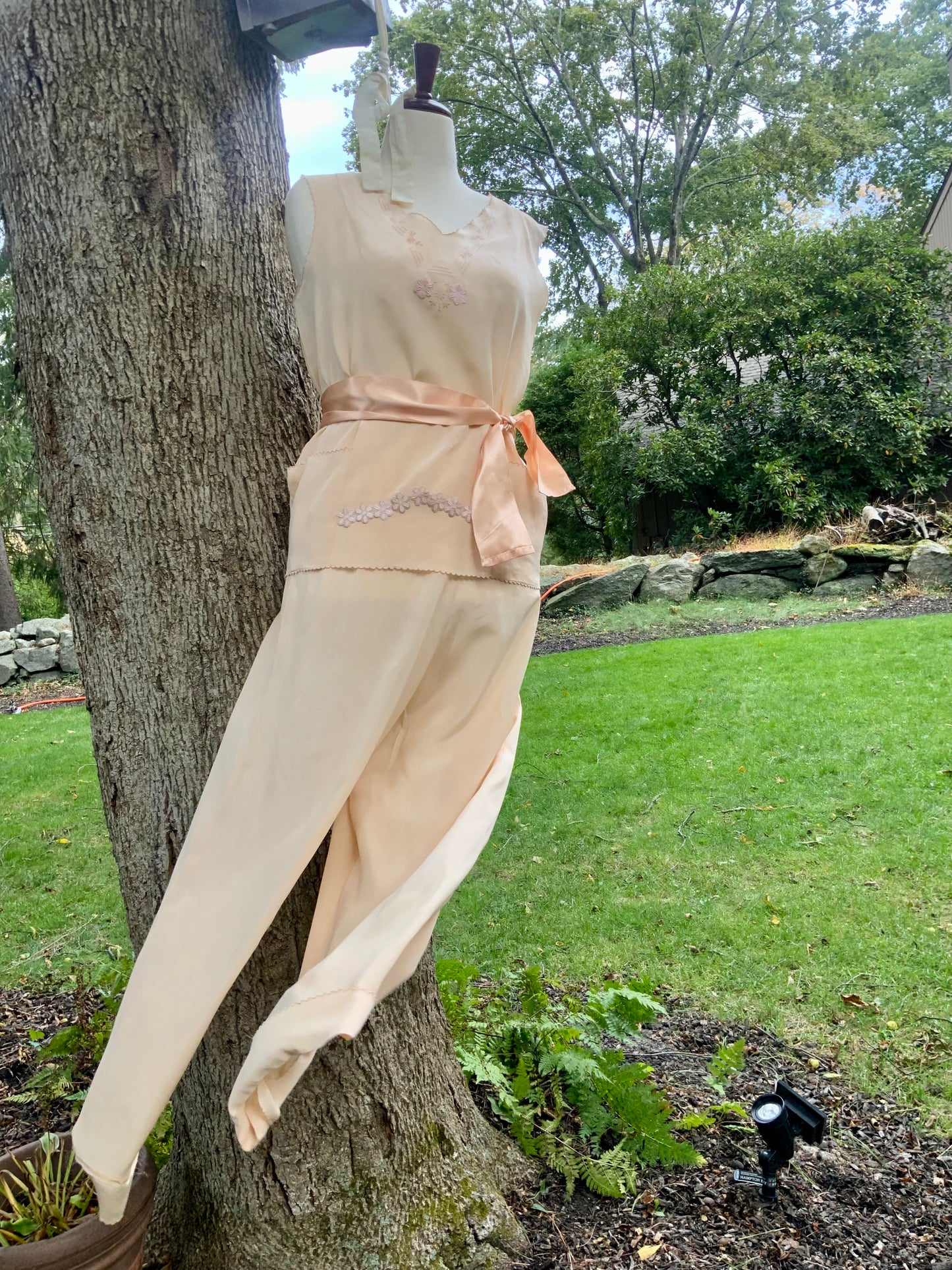 1920s–1930s Pure Silk Peach Pajama | Hand Restored with Vintage Floral Appliqués & Satin Ribbon | One-of-a-Kind Collectible Loungewear- 20AJ