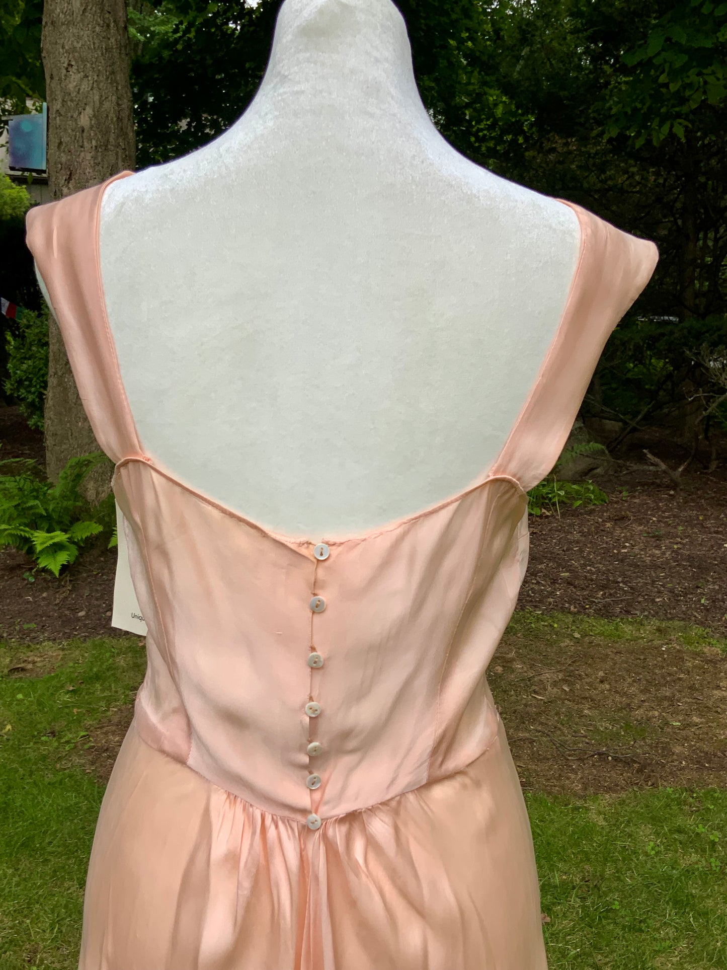 1930s Peach Silk Embroidered Gown with Train. Alternative Vintage Bridal Dress.30CF