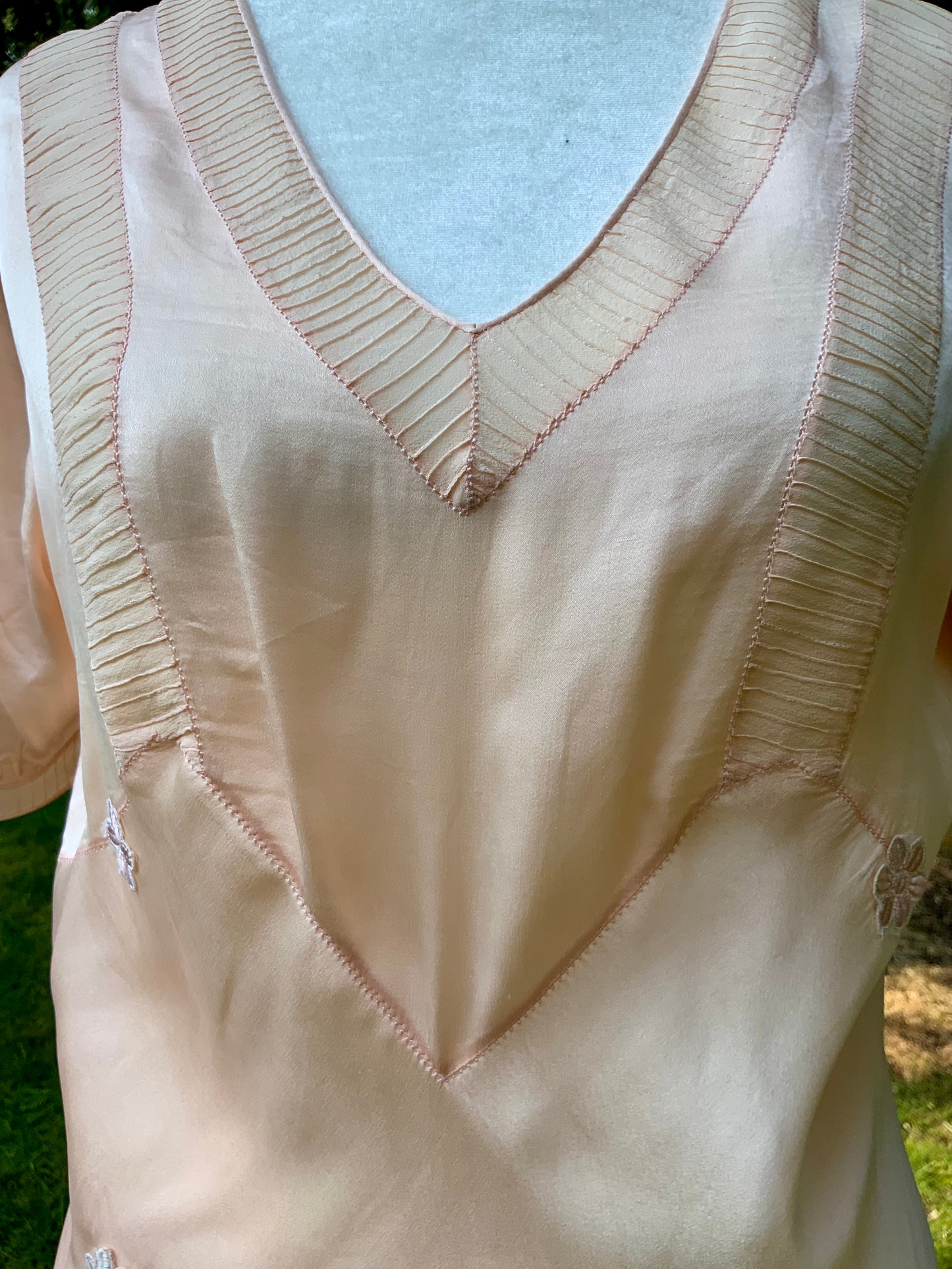 Rare Late 1930s Peach Silk Evening Gown. Pleated Bodice. Bias Cut. Restored Floral Details.30CY
