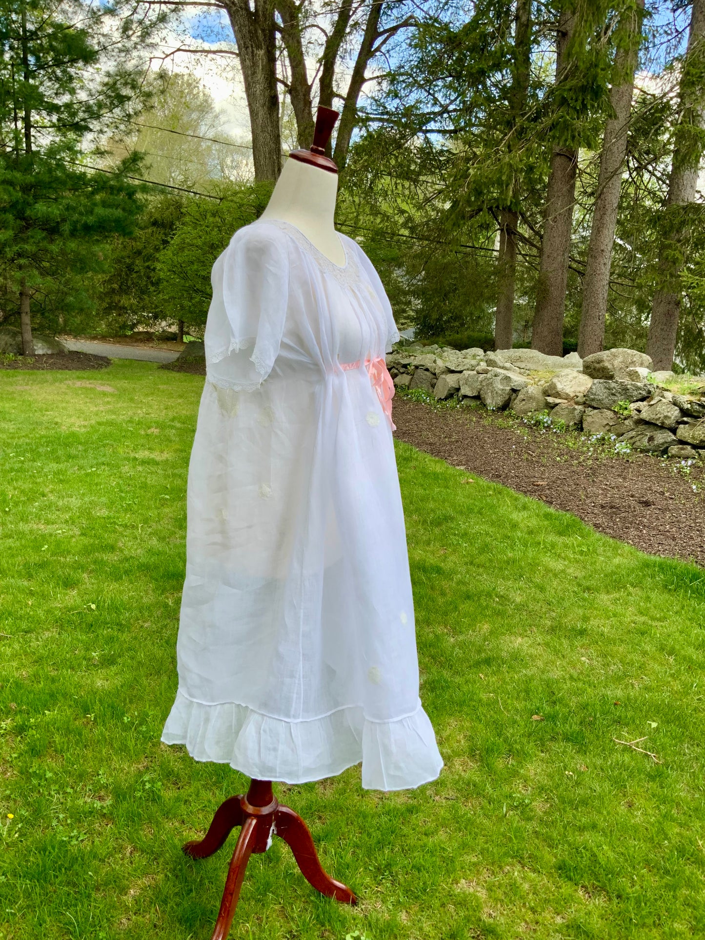 Antique Edwardian Cotton Nightgown “Carmela” Hand Repaired with Filet Lace Appliqués – Restored Heirloom Piece-ED81