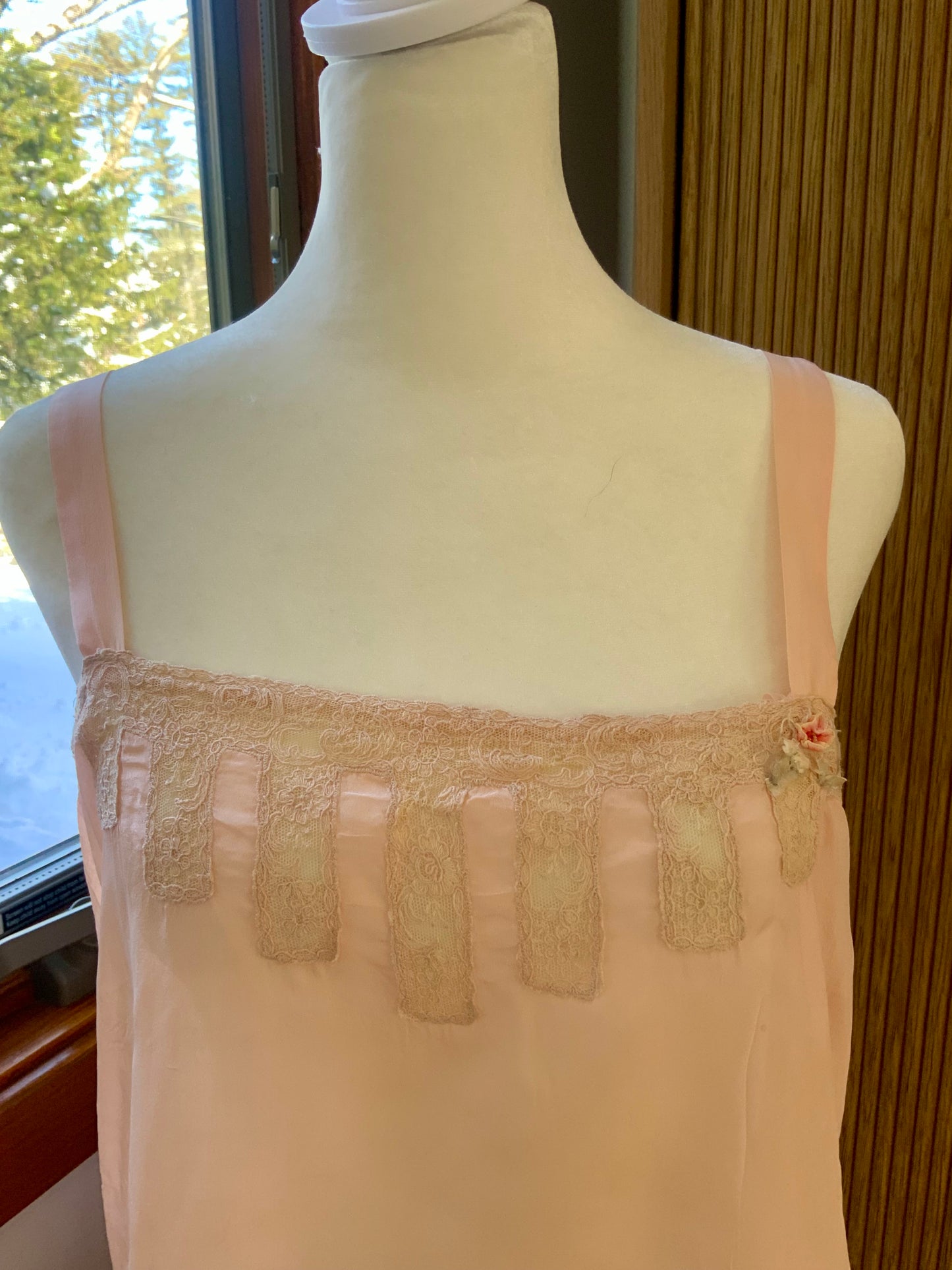1920s–30s Blush Silk Teddy (Camiknicker) — Pure Silk Boudoir One-Piece with Lace Appliqué-20AL