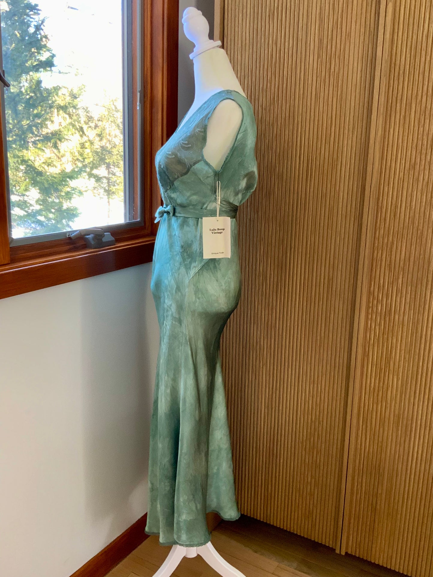 Hand Dyed Antique Satin & Chiffon Nightgown | Restored Vintage Lingerie Dress | 1930s Bias Cut Green Silk Satin Slip
- 40AD