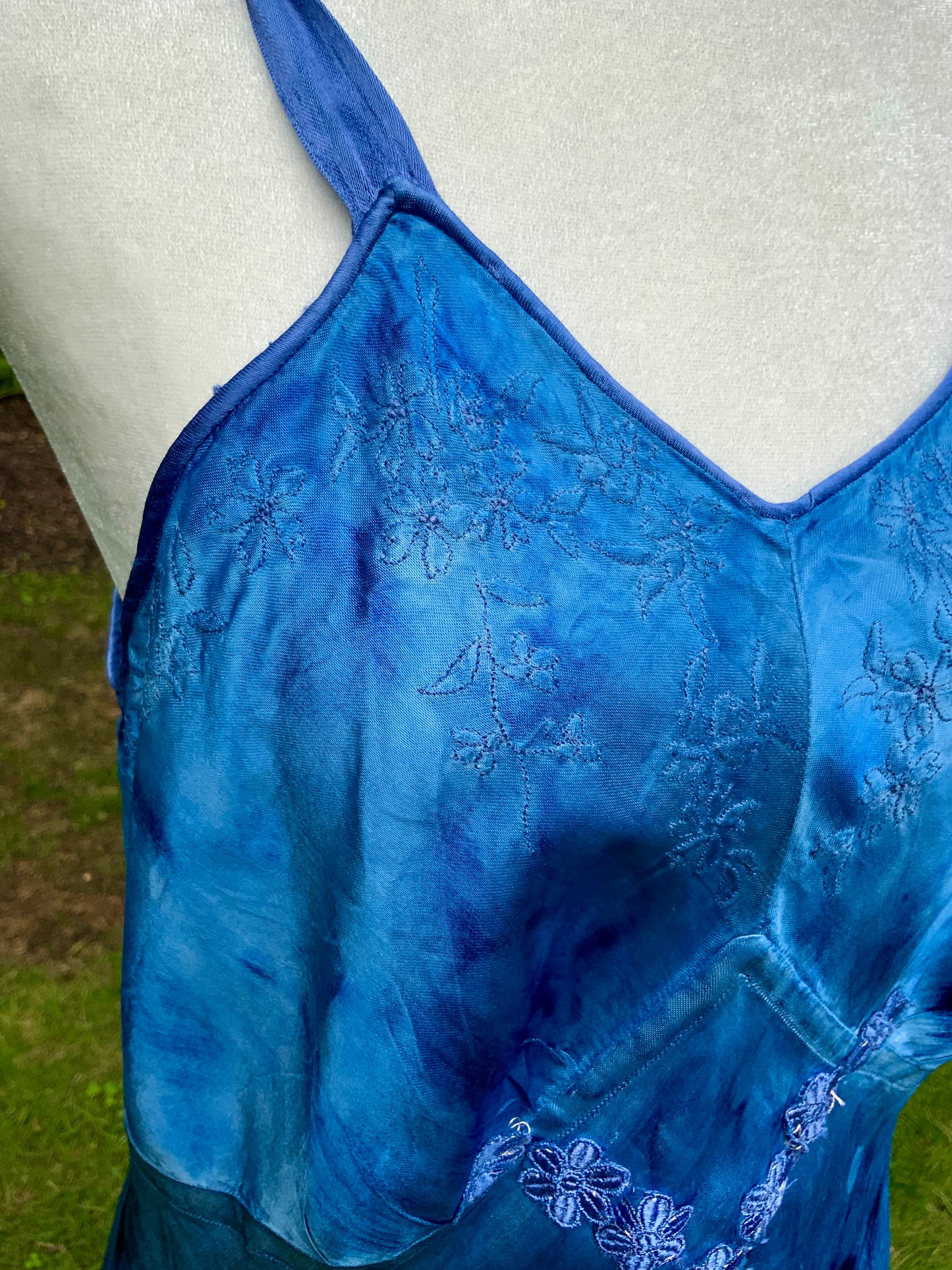 1930s Hand Dyed Blue Satin Nightgown with Floral Appliqués.40CG