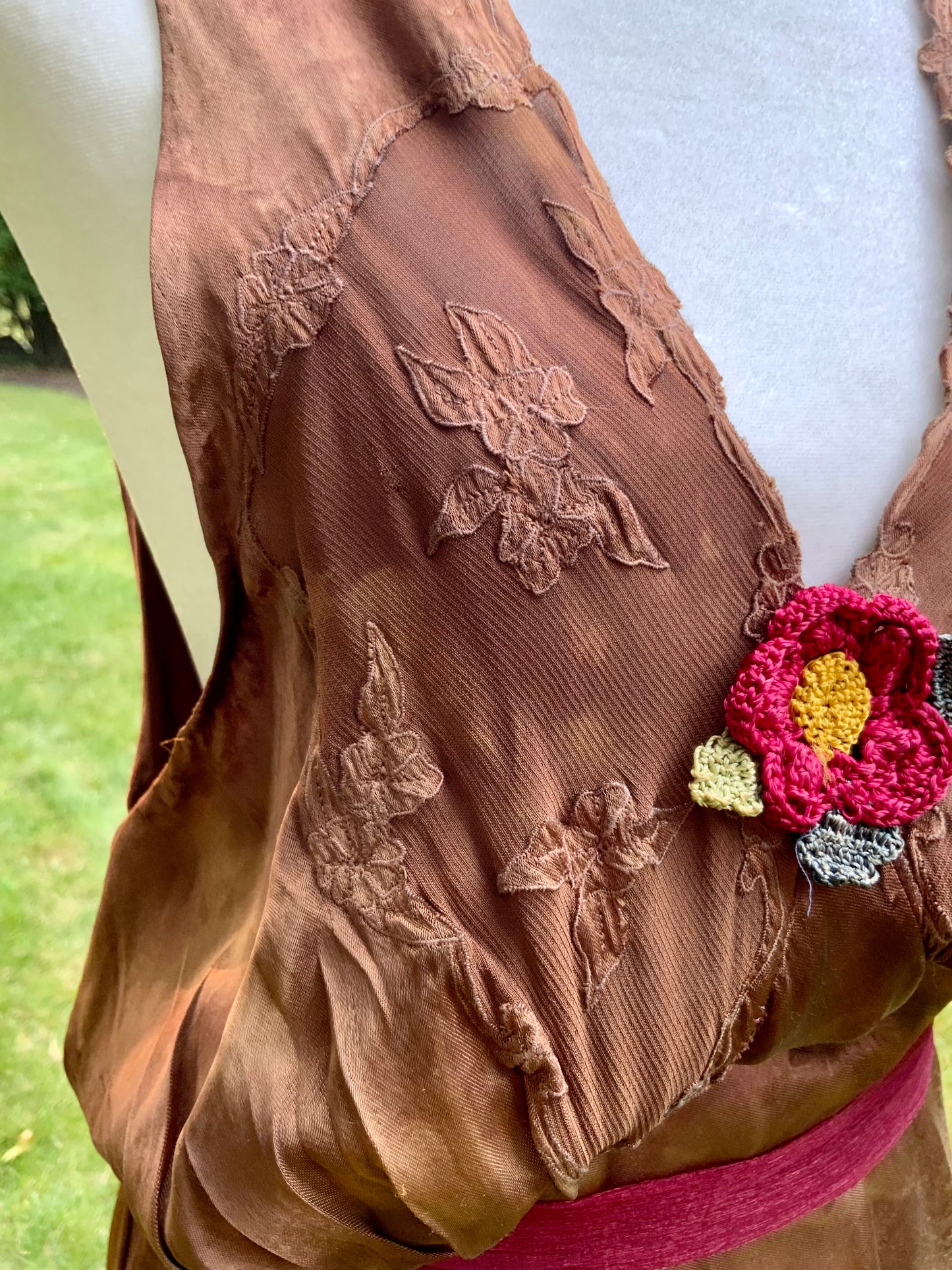 1930s Hand Dyed Silk Slip Dress Chocolate Brown Bias Cut Art Deco Embroidered Bodice OOAK
-40BK