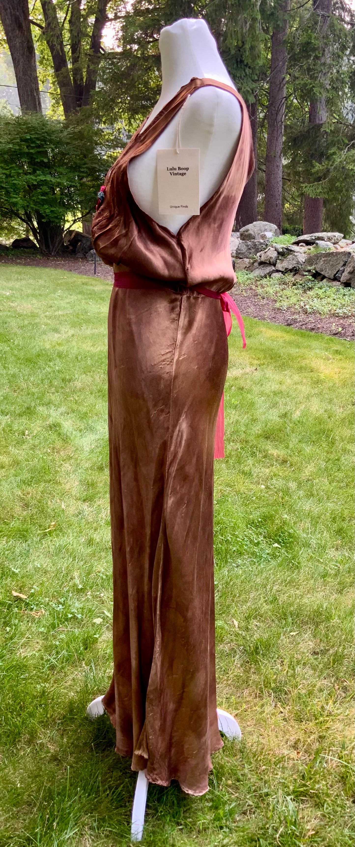 1930s Hand Dyed Silk Slip Dress Chocolate Brown Bias Cut Art Deco Embroidered Bodice OOAK
-40BK