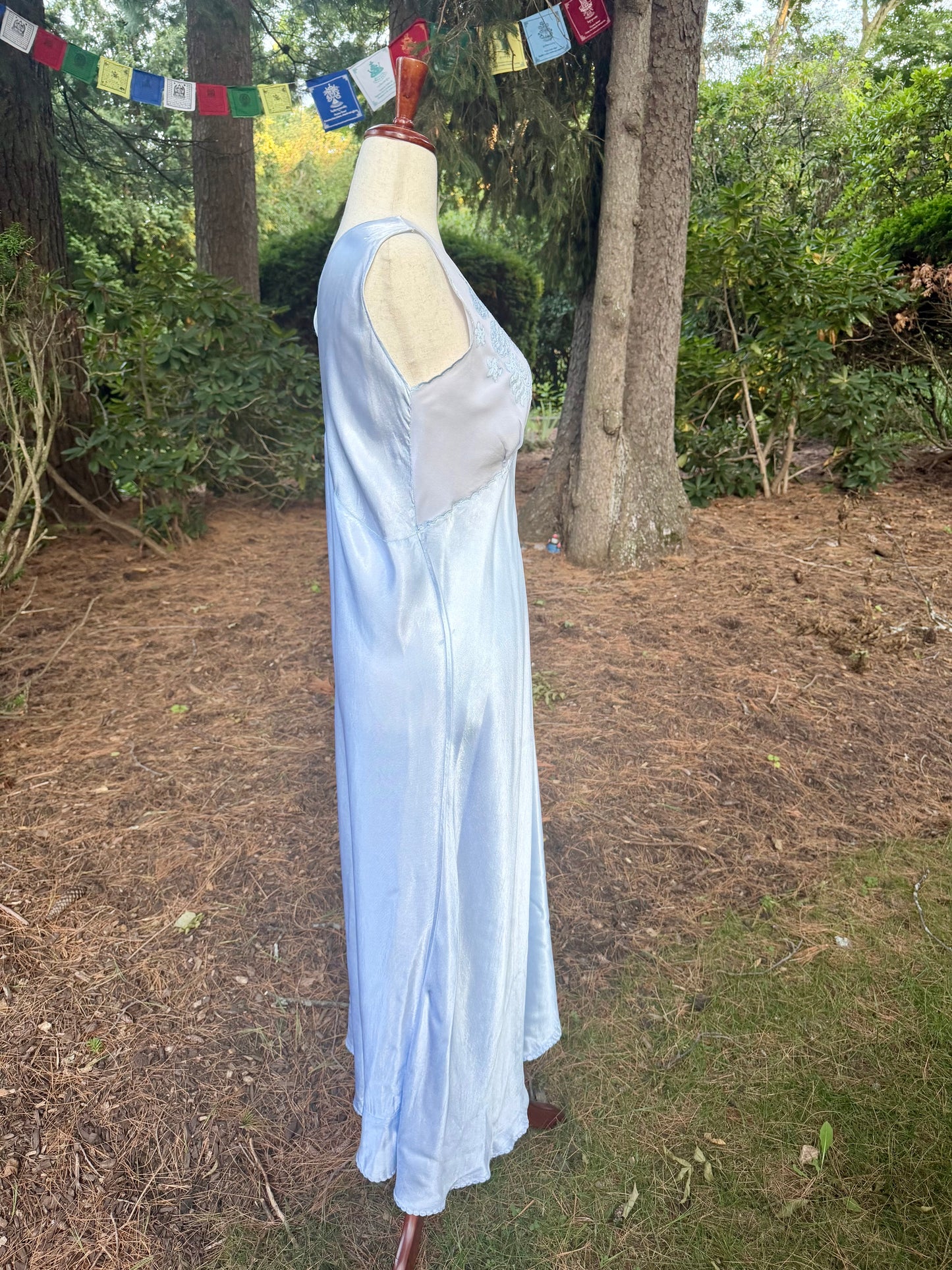 1930s Powder Blue Silk Satin Slip Dress | Embroidered Illusion Mesh Bodice |Large
-30BV