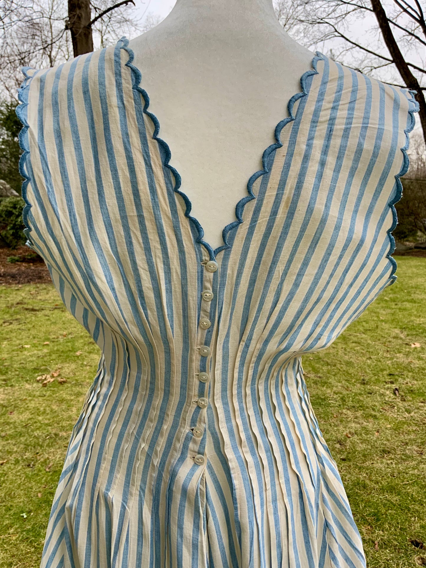 Rare 1915–1922 Edwardian Blue & Ivory Striped Cotton Summer Dress with Chevron Hem-ED42