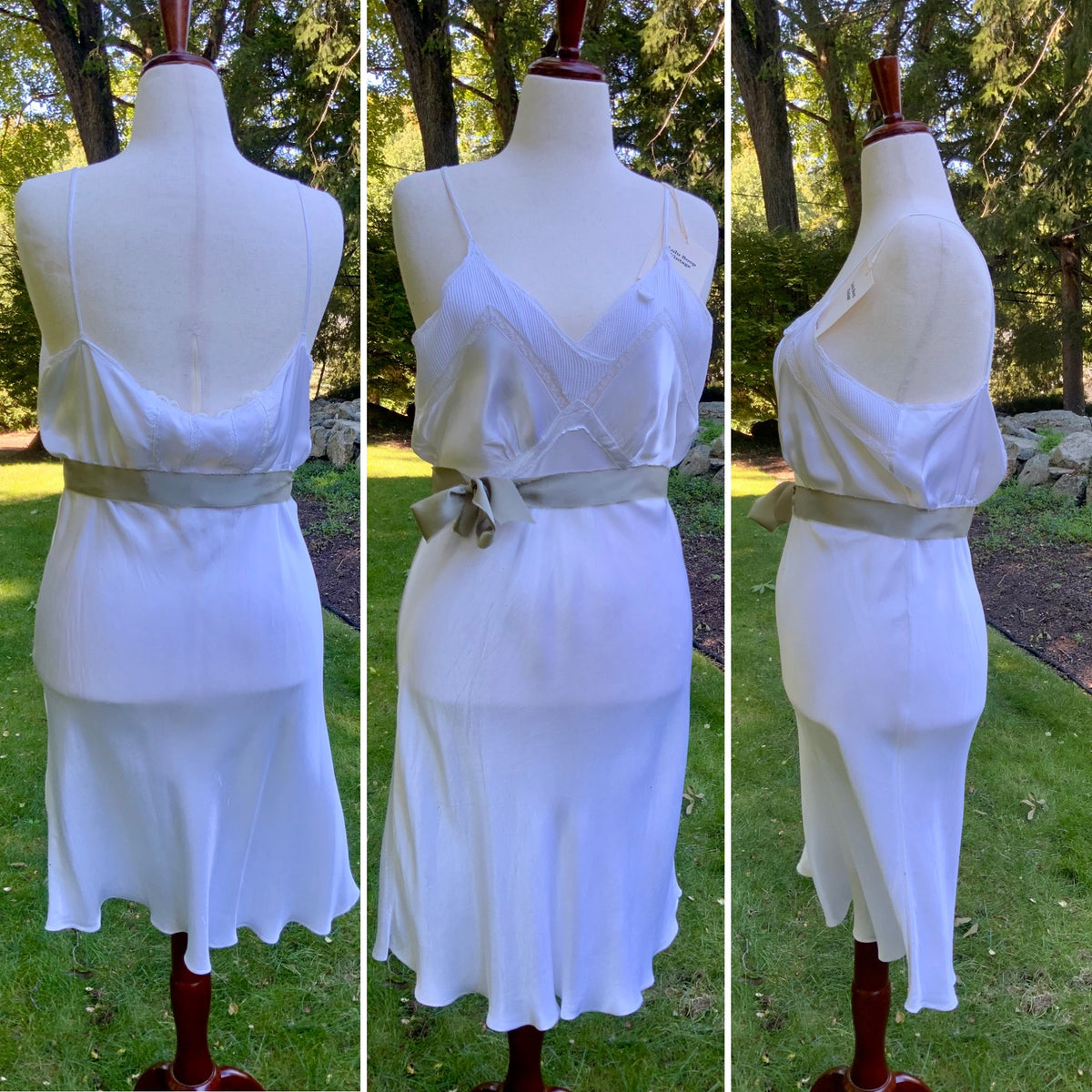 1930s White Satin Slip Dress Bias Cut Bridal Lingerie with Lace and Pleated Bust.40BU