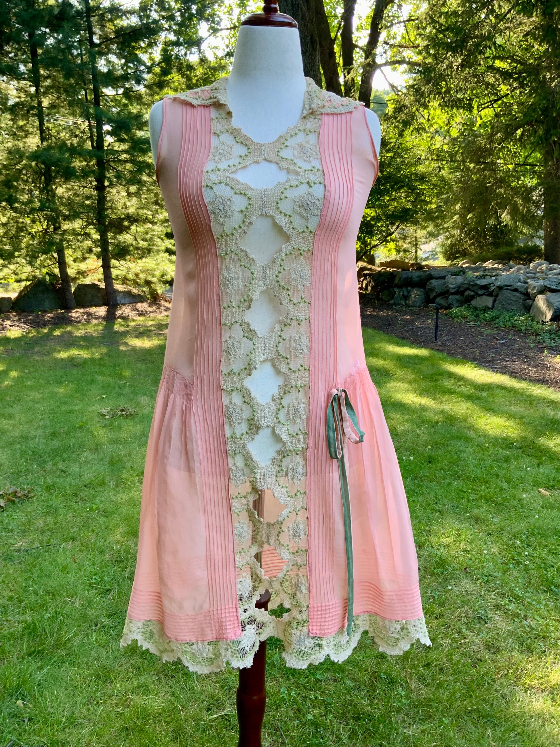 Rare 1920s Silk Chiffon Flapper Dress Art Deco Lace Dress Original Silk Slip Antique Pink Dress Vintage Restored with Vintage Appliqués. 20AS