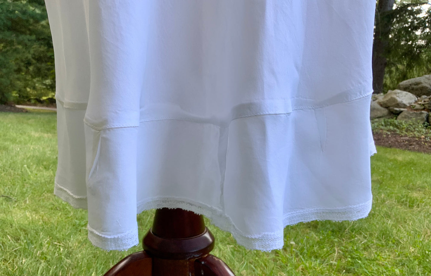1940s White Slip Dress. Pleated Lace Bodice. Bias Cut. Double Flounce Hem
-30CP