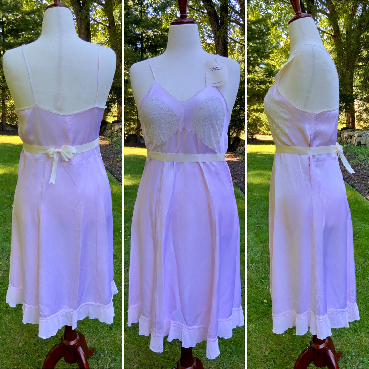 1930s Pink Satin Slip Dress with Lace and Chiffon Ruffle.30CJ