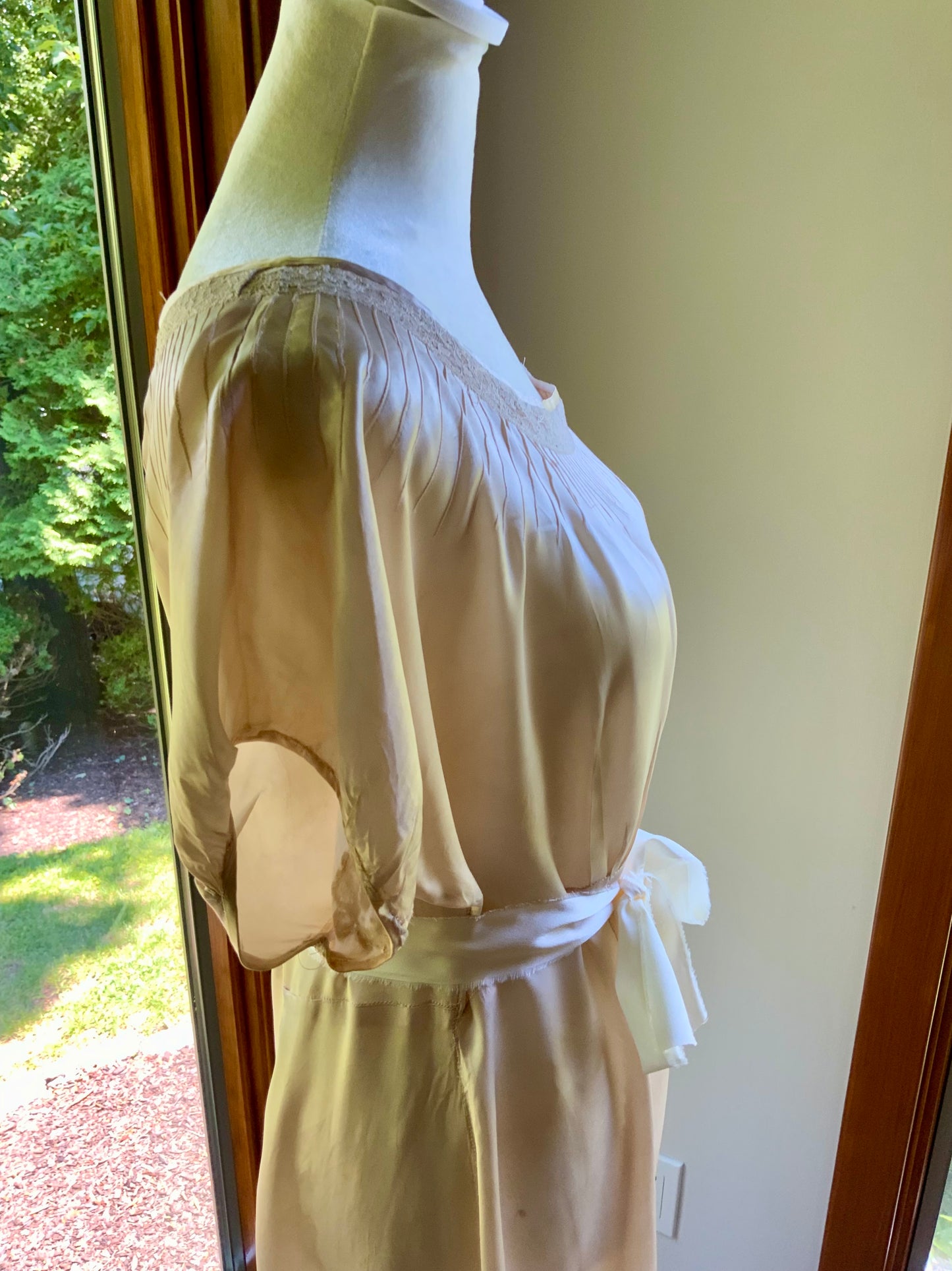 1930s Tea Dyed Silk Gown | Restored Antique Silk Lounge Dress | Lace Appliqué