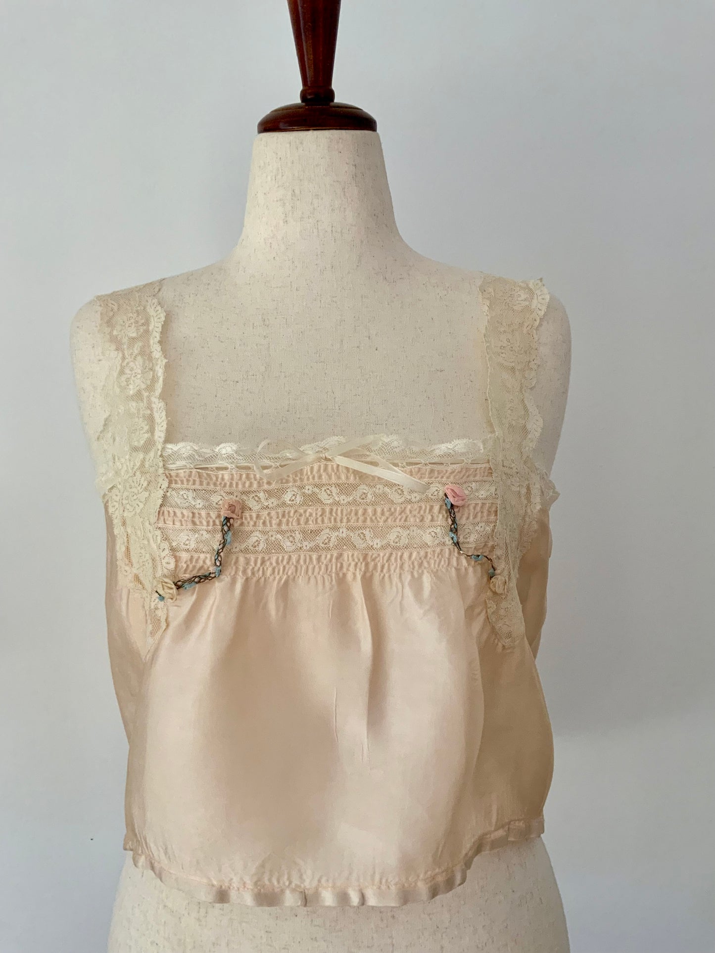 Antique Edwardian Silk Lingerie Camisole with Lace & Rosette Details | Circa 1905–1915-ED44