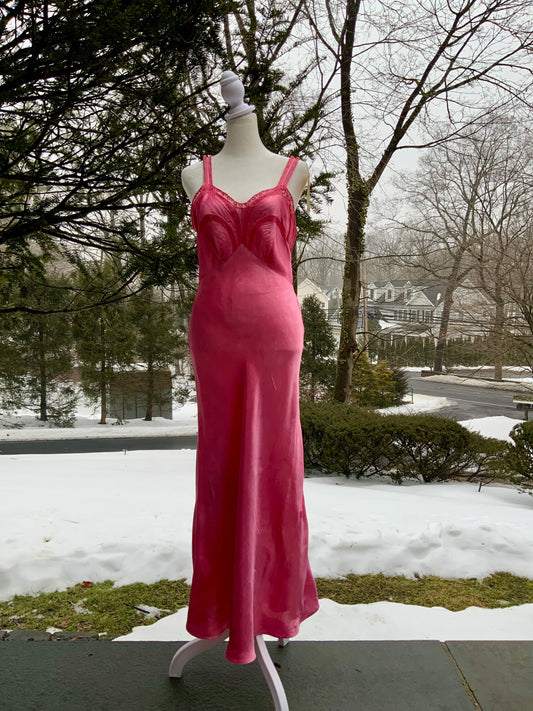 Authentic 1930s 1940s Bias Cut Satin Nightgown | Hand Dyed Coral Pink | Original Belt | Vintage Lingerie Dress - 40AB