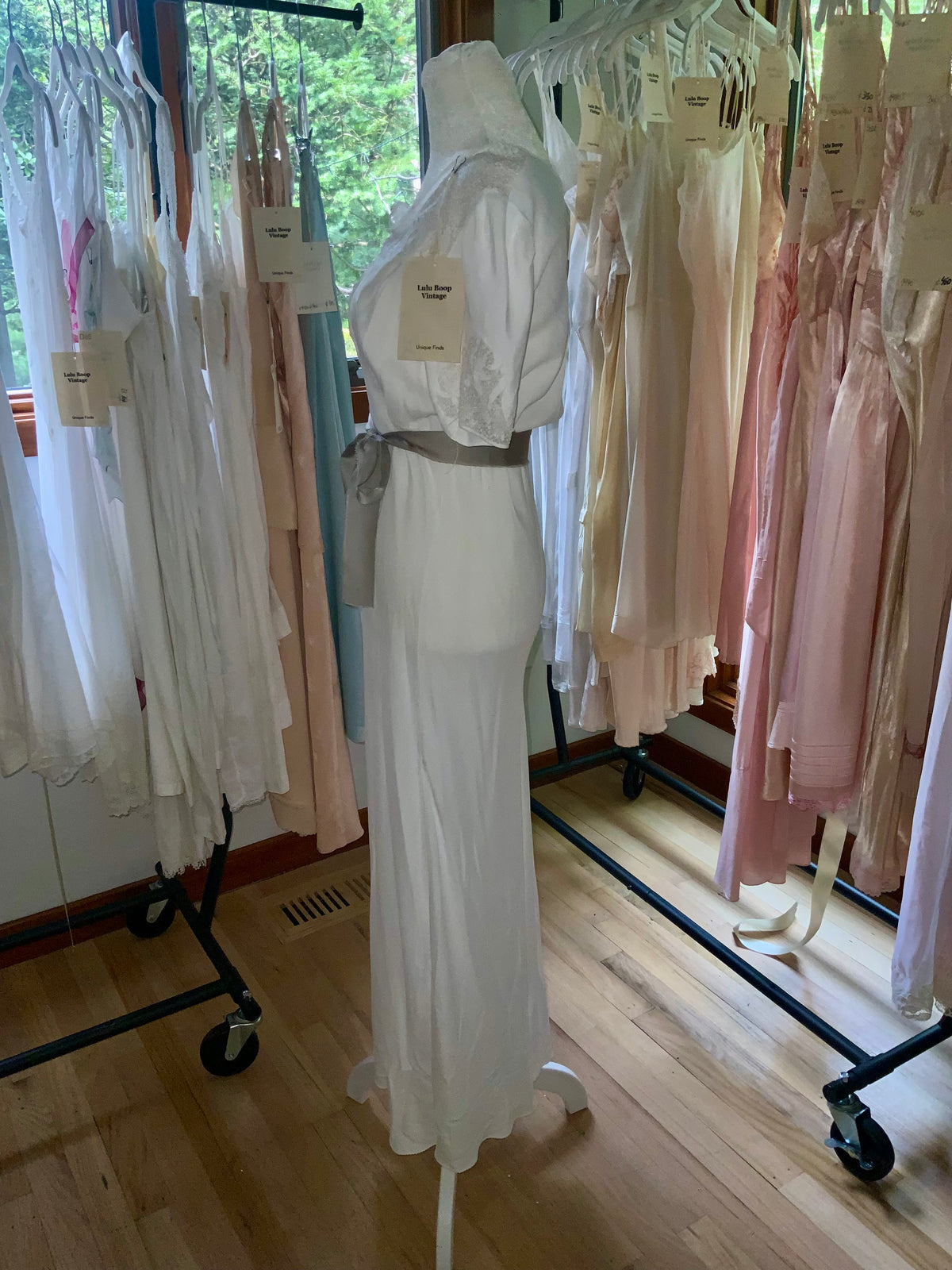 Circa 1930s–1940s White Satin Nightgown with Floral Lace and Ribbon Sash.