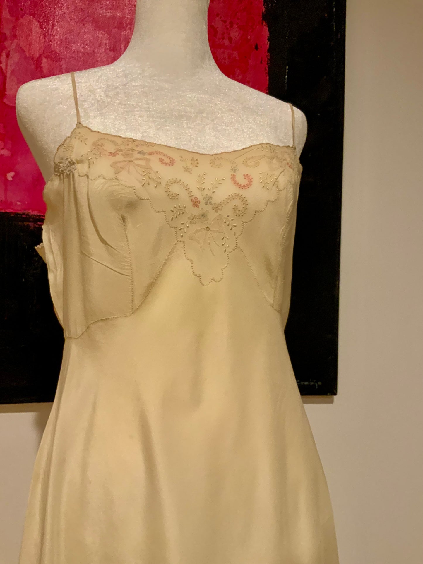 1930s Hand-Embroidered Pure Silk Slip Dress | Champagne - 30AT