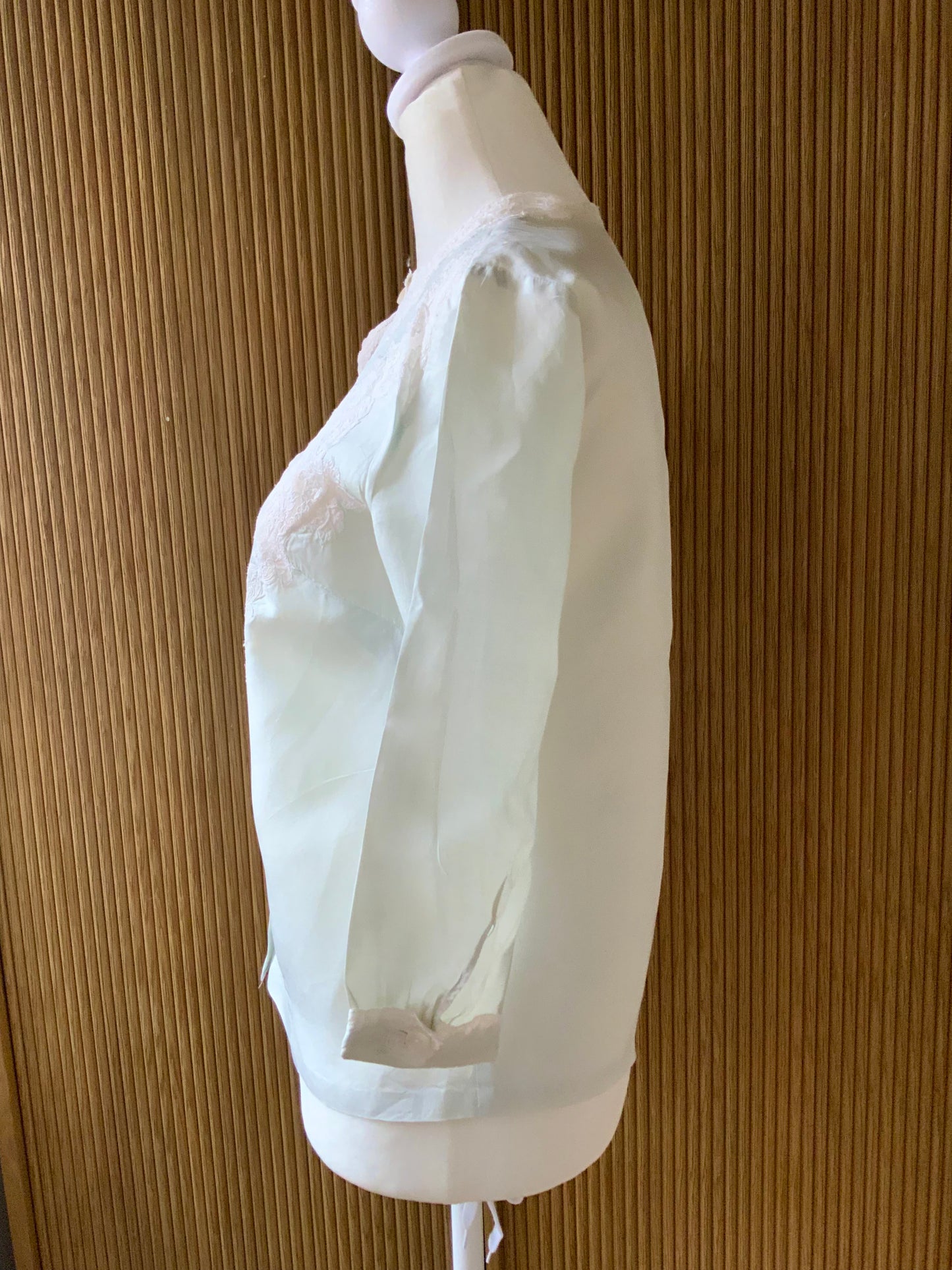 1940s Silk Satin Blouse with Lace Appliqué | Mint Green | Edwardian Revival-40AT