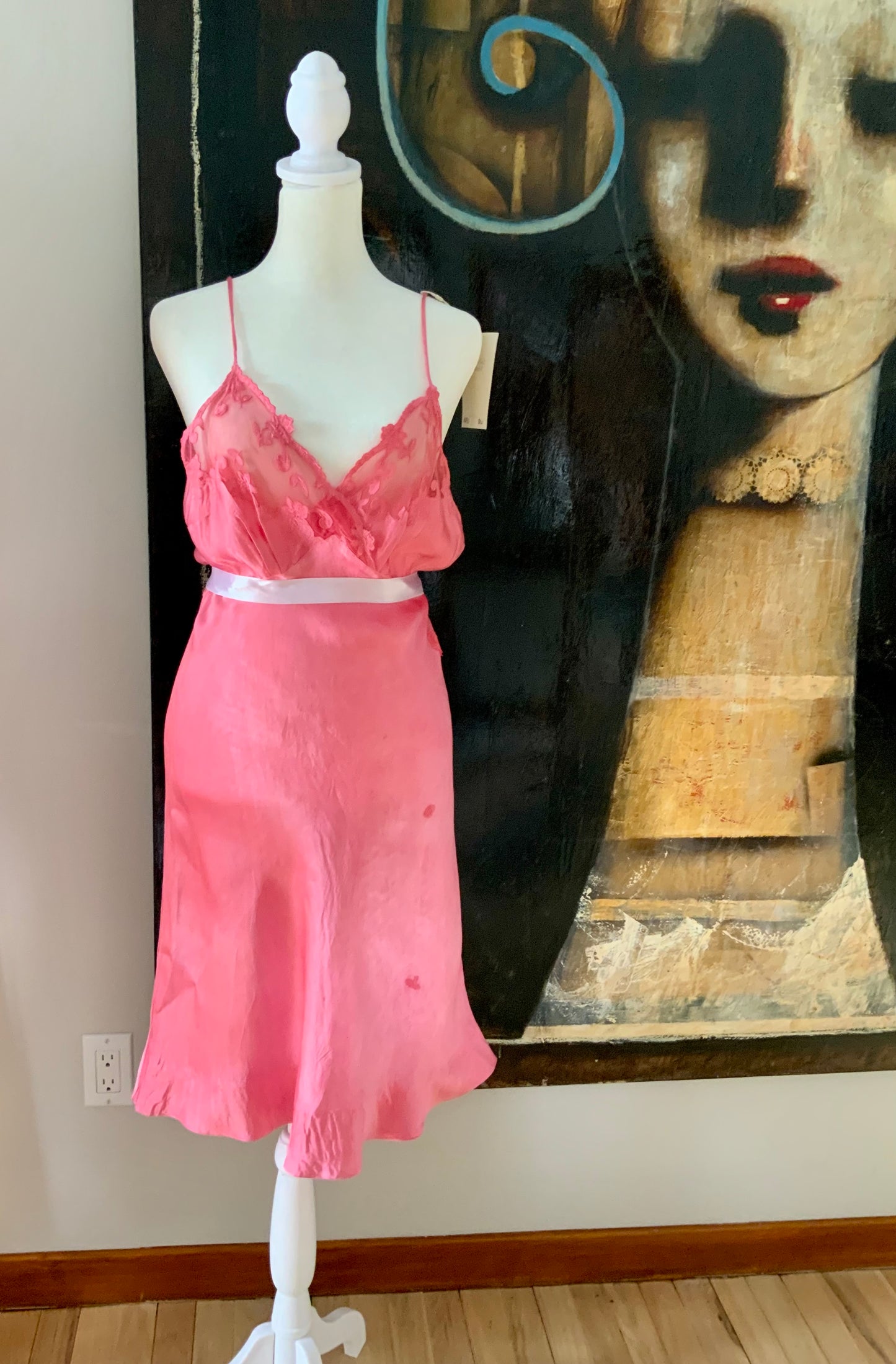 1970s Silk Slip Dress in Hand-Dyed Pink | Lace Bodice - 70F
