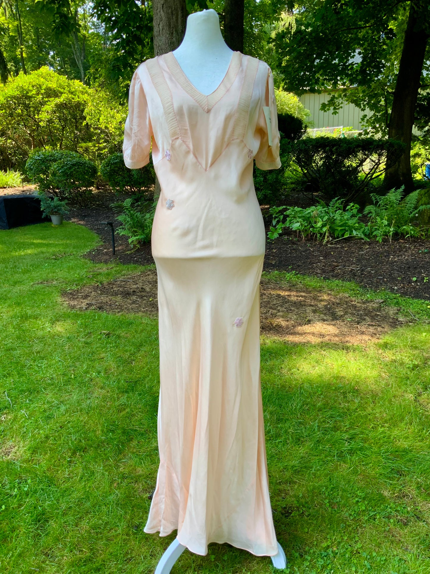 Rare Late 1930s Peach Silk Evening Gown. Pleated Bodice. Bias Cut. Restored Floral Details.30CY