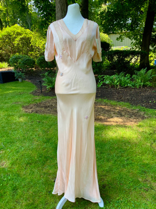 Rare Late 1930s Peach Silk Evening Gown. Pleated Bodice. Bias Cut. Restored Floral Details.30CY