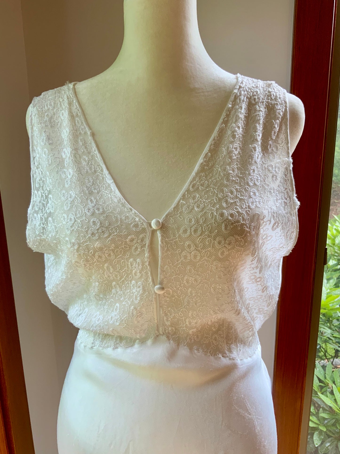 1930s Bridal Boudoir Gown | White Silk Satin Bias Cut Nightgown | Embroidered Lace Bodice | Old Hollywood Lingerie-30DH