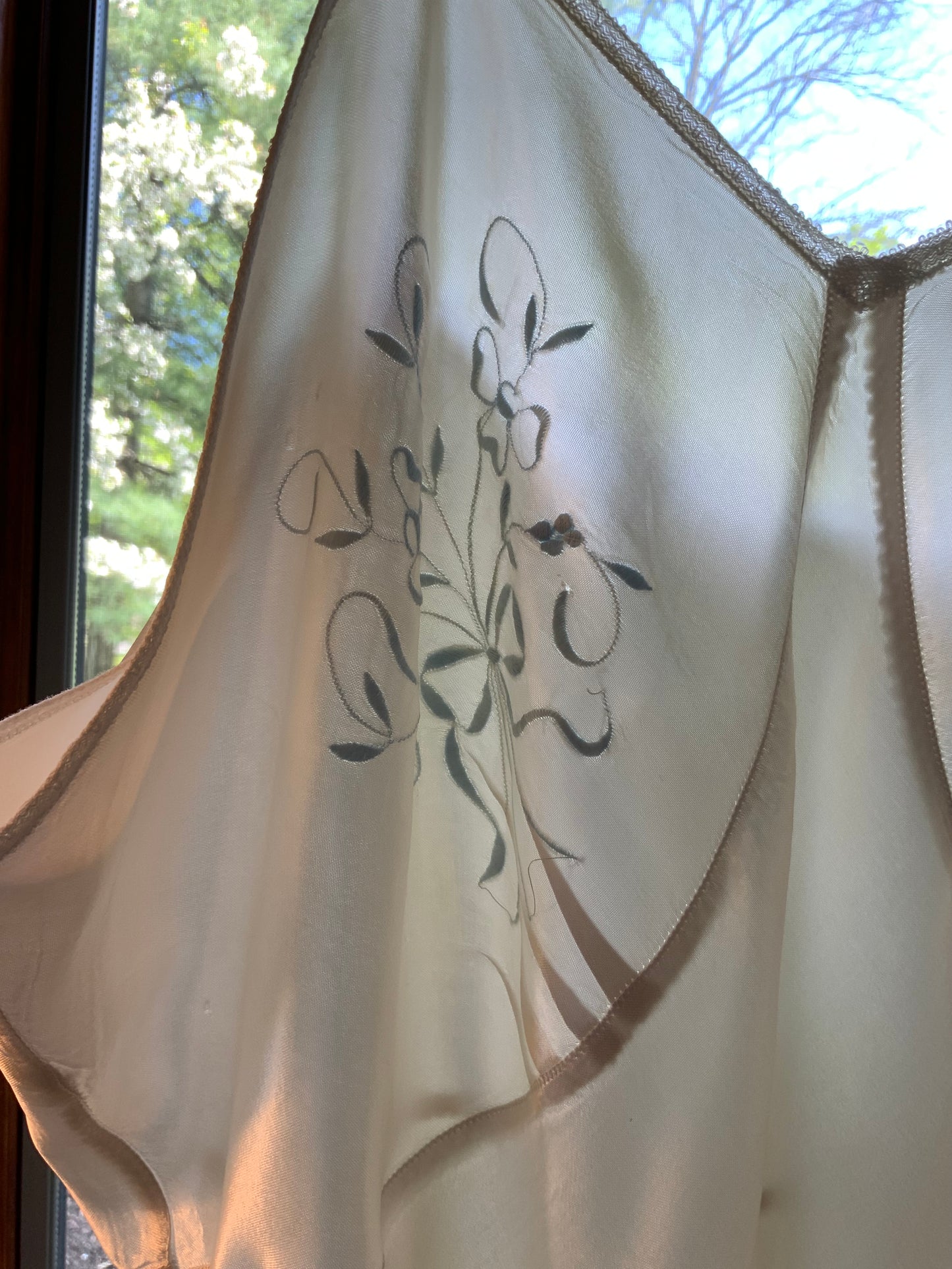 1930s Ivory Silk Satin Embroidered Slip Dress | Blue Floral Boudoir Nightgown | Bias Cut Bridal Lingerie | Old Hollywood Glamour-40AV