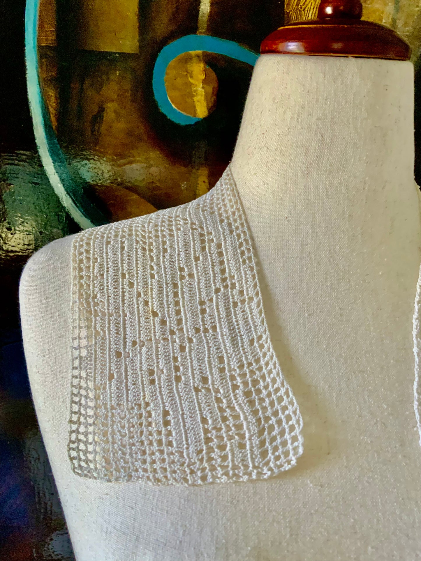 Antique Edwardian Filet Crochet Collar Bib | Handmade Cotton Lace Collar | 1900s Statement Detachable Collar