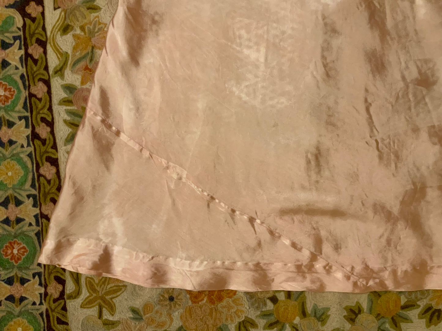 1930s Blush Satin & Chiffon Slip Dress – Floral Embroidery & Lace Panels - 30BA