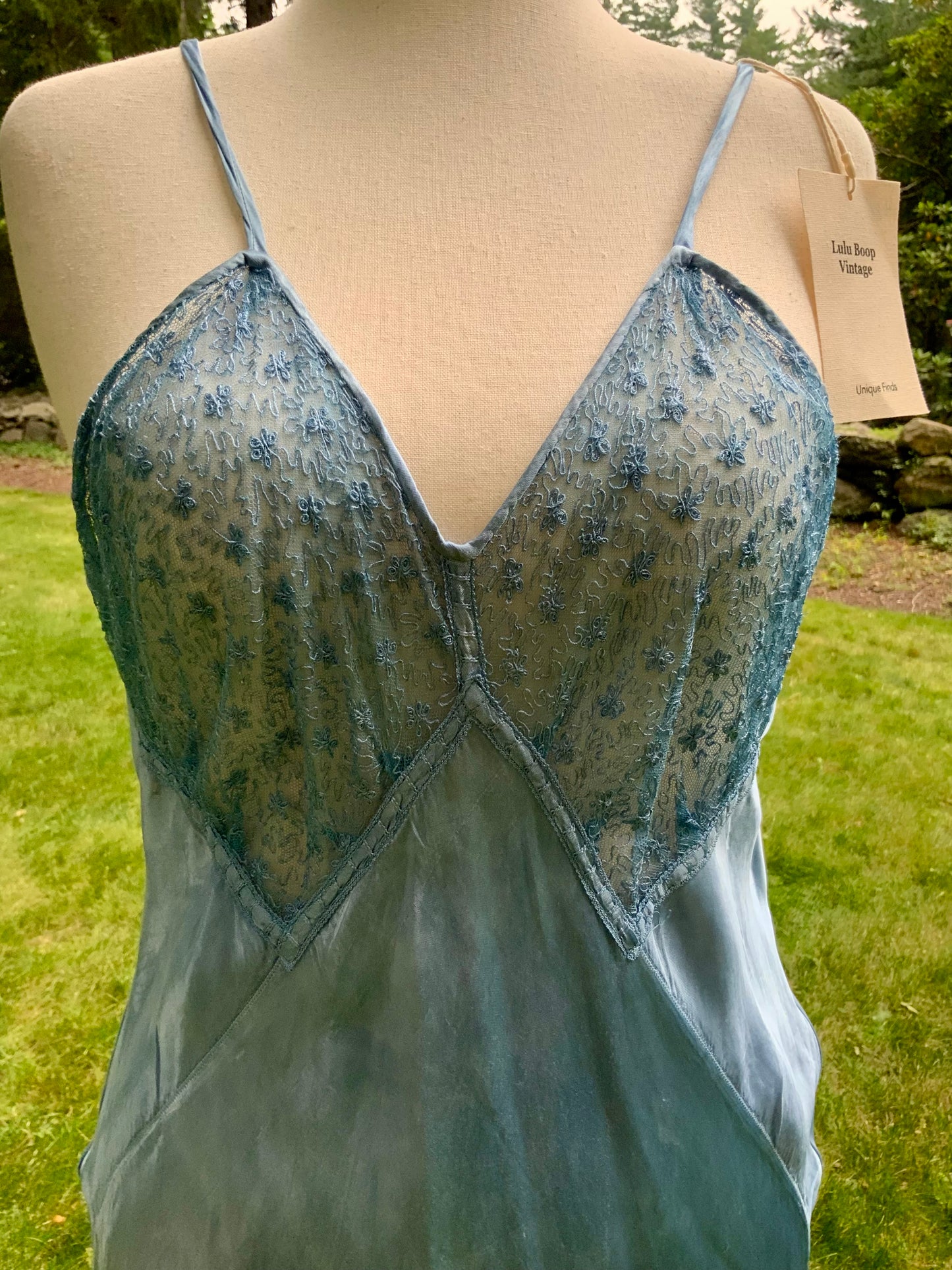 1930s early 40s Hand Dyed Blue Satin Slip Dress | Embroidered Sheer Bodice | Bias Cut Vintage Inspired Lingerie Dress | One of a Kind-40BH