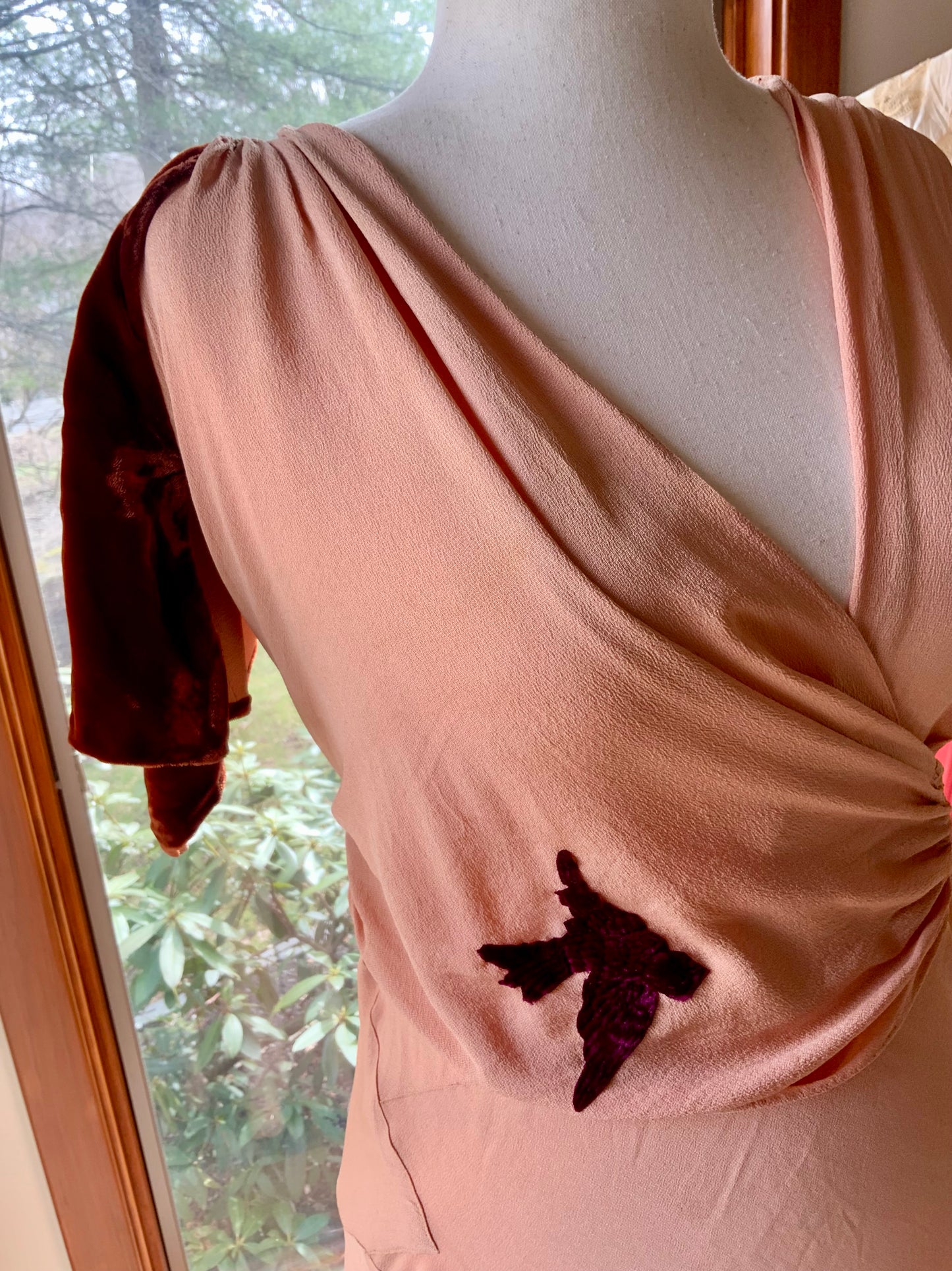 1930s Silk Crepe Evening Dress in Dusty Peach with Velvet Accents and Draped Waist | Artfully Restored-Iconic-30BH