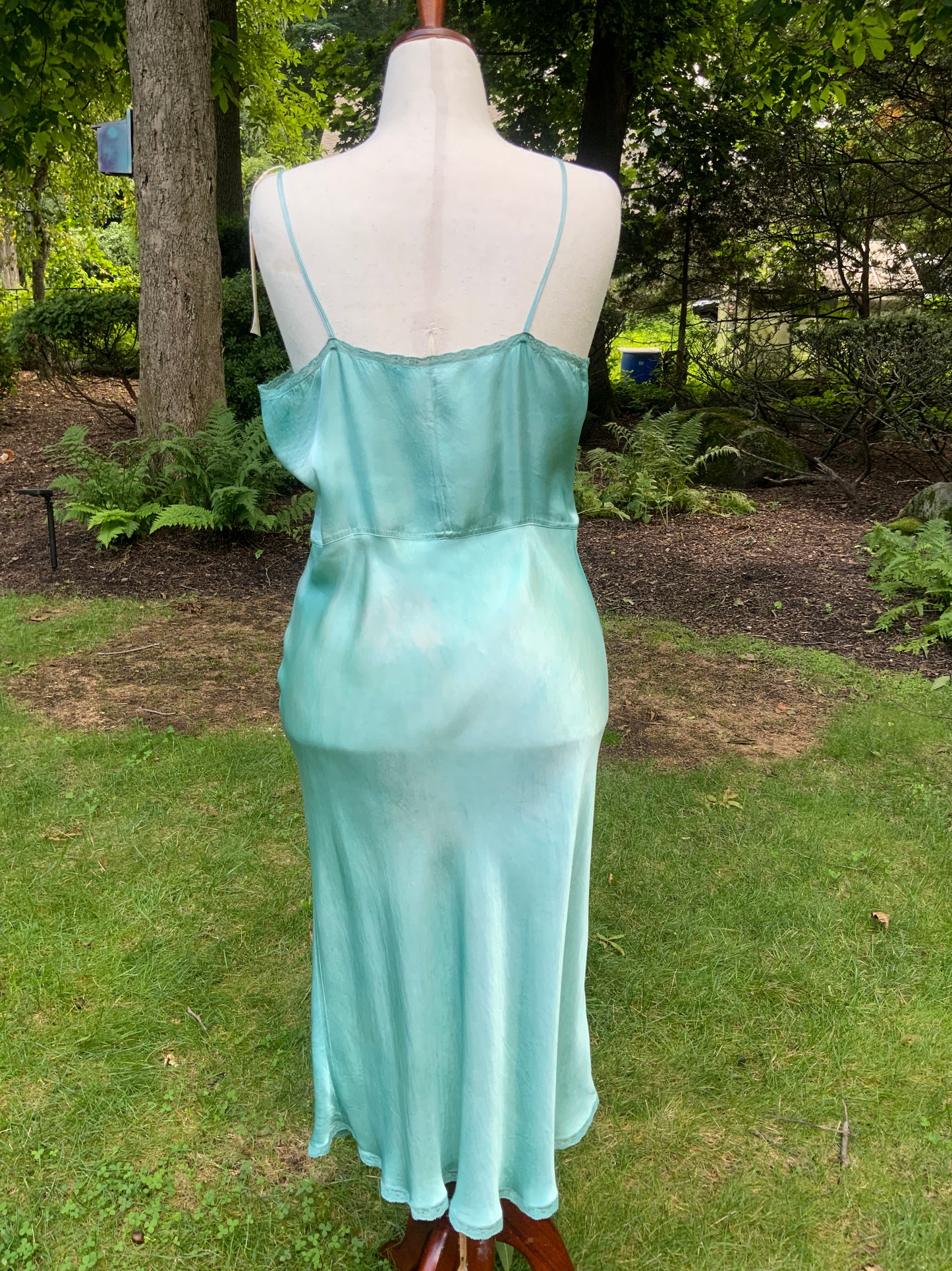 1930s Hand-Dyed Aqua Satin Slip Dress. Embroidered Bias Cut Slip with Sash.40CB