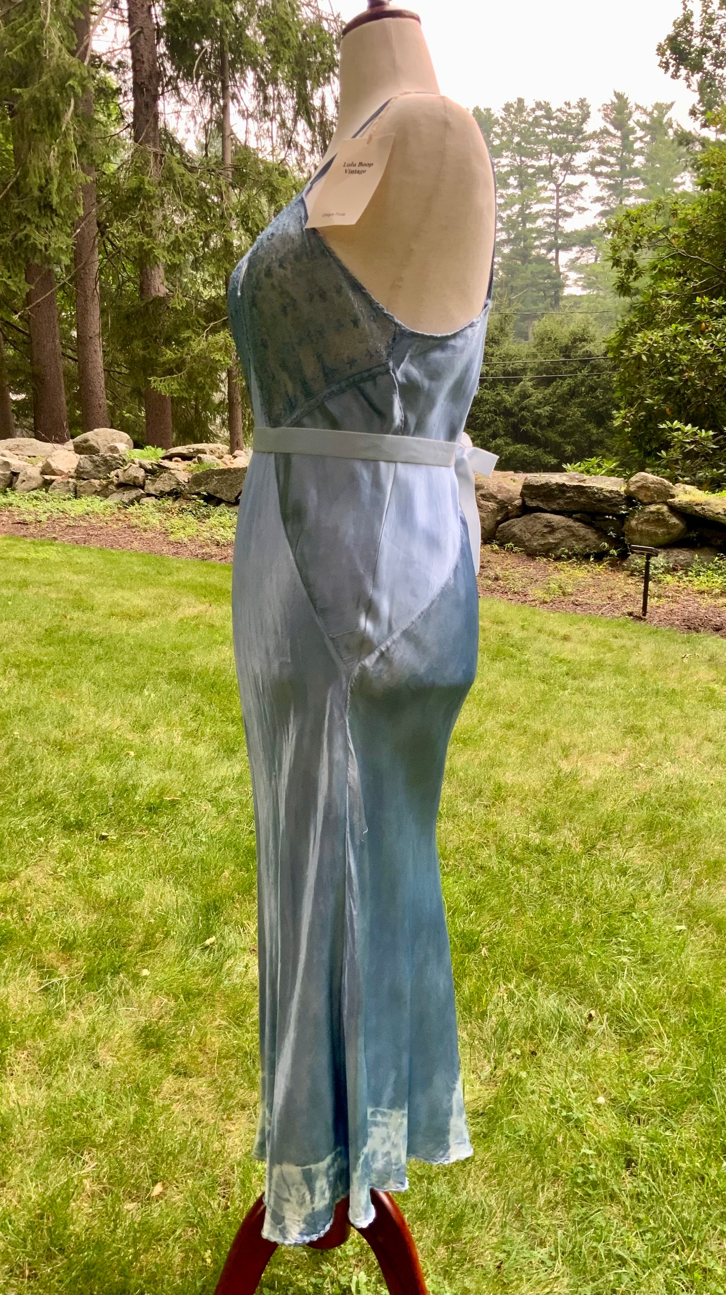 1930s early 40s Hand Dyed Blue Satin Slip Dress | Embroidered Sheer Bodice | Bias Cut Vintage Inspired Lingerie Dress | One of a Kind-40BH