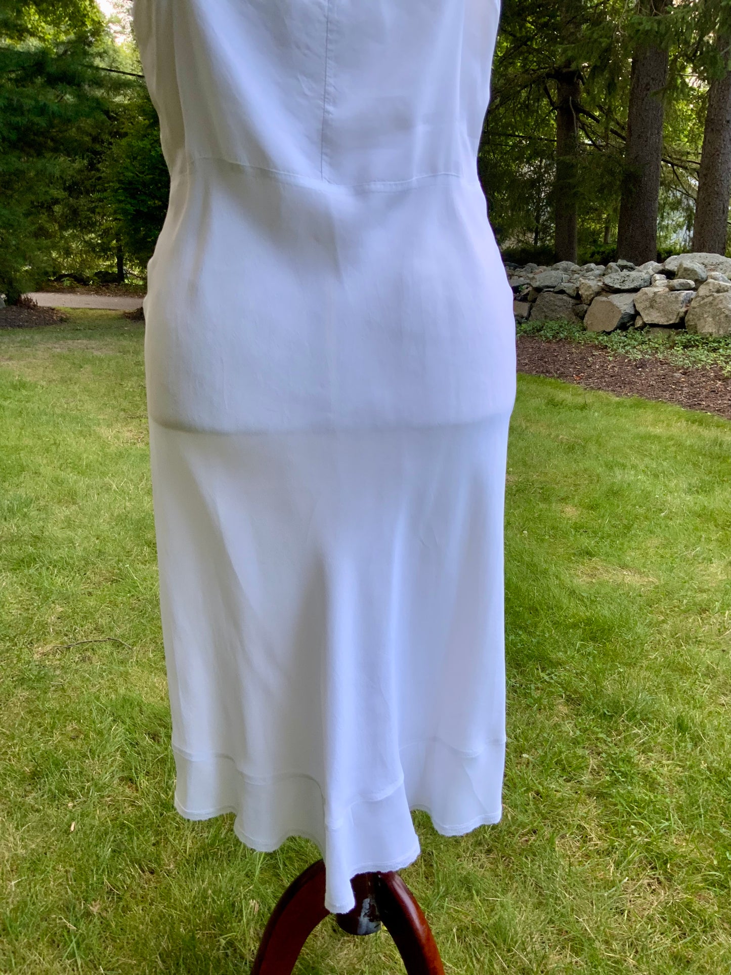 1940s White Slip Dress. Pleated Lace Bodice. Bias Cut. Double Flounce Hem
-30CP