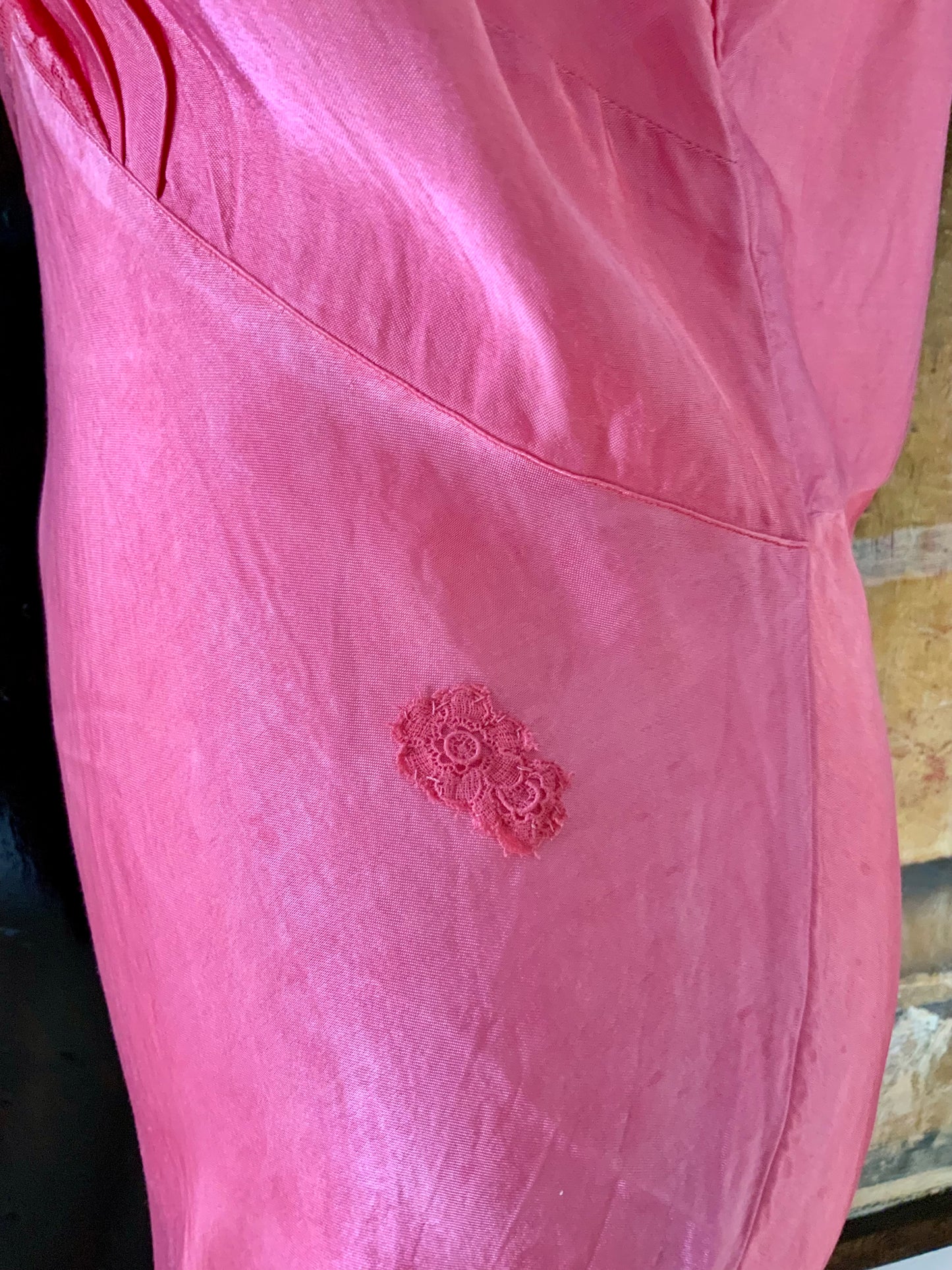 1970s Silk Slip Dress in Hand-Dyed Pink | Lace Bodice - 70F