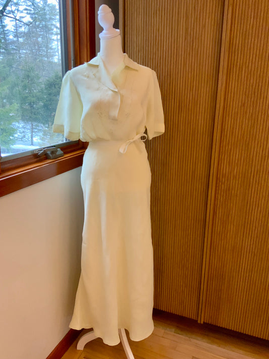 Authentic 1930s 1940s Ivory Silk Satin Day Dress Embroidered Vintage Dress- 40AO