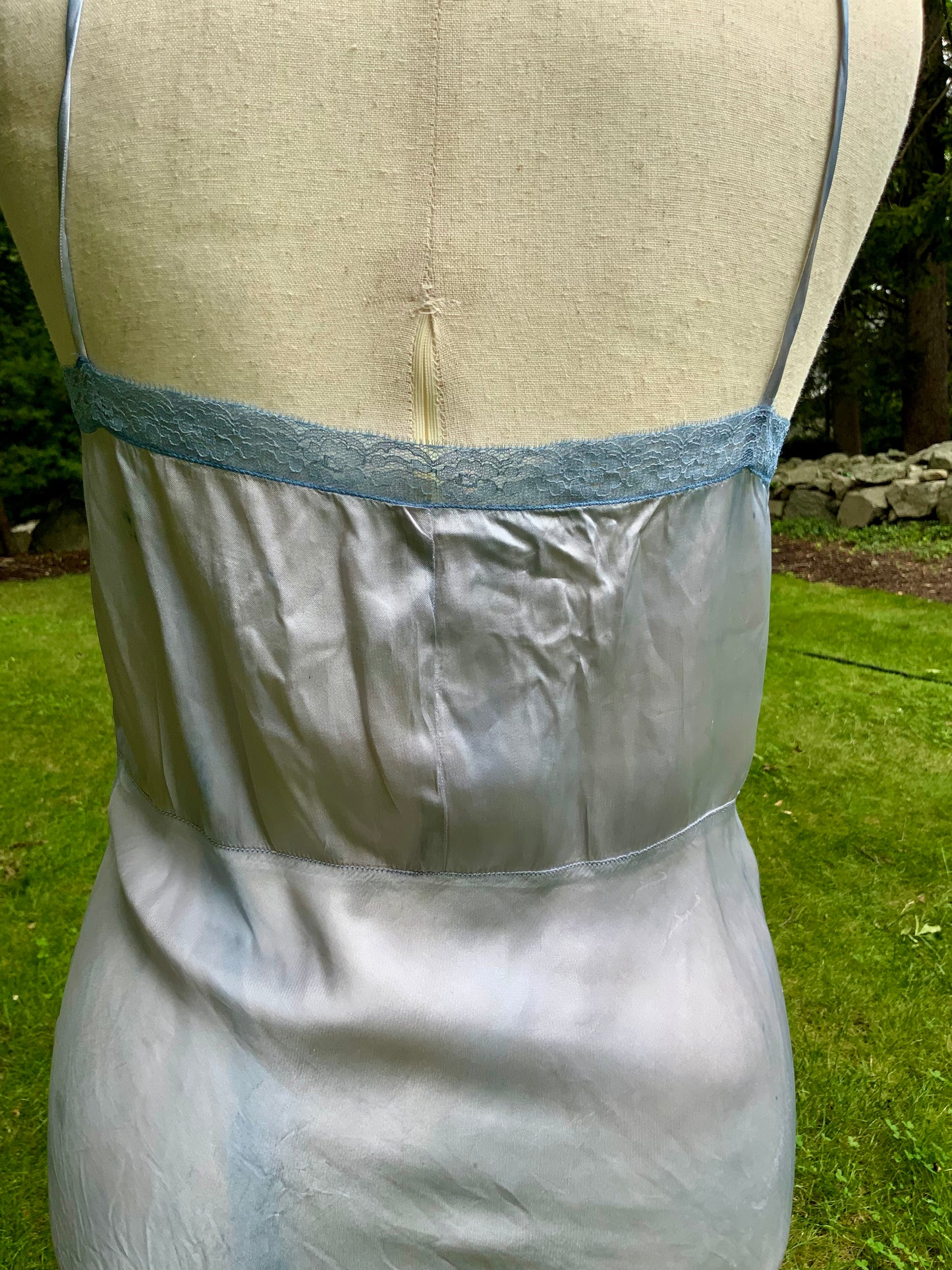 1930s Hand-Dyed Ice Blue Satin and Lace Bias-Cut Full Slip.50BA
