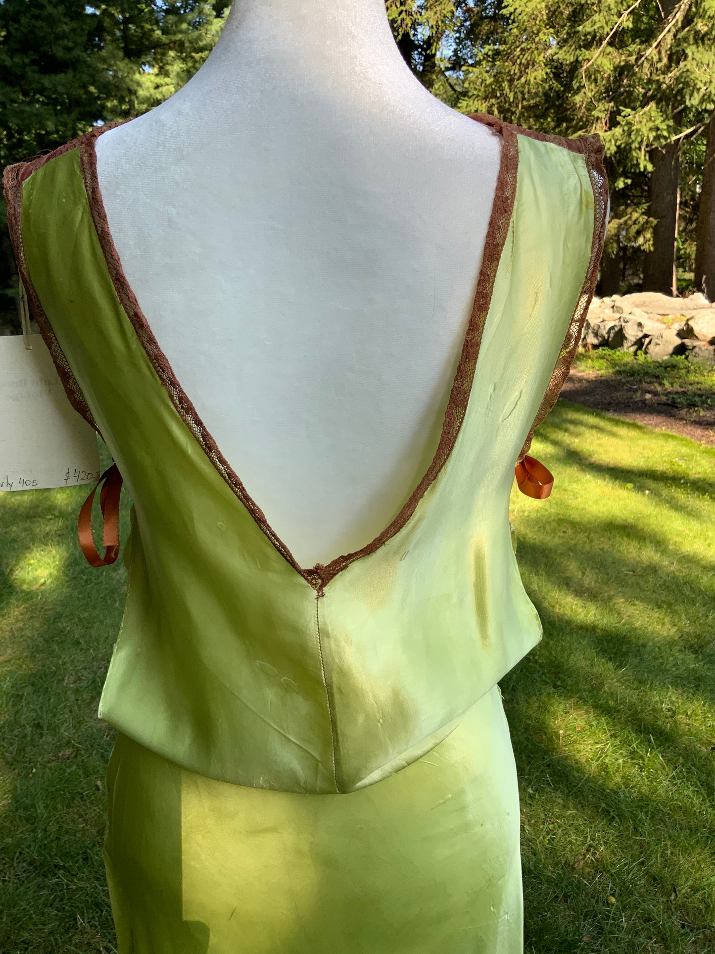 Hand Dyed Antique Silk Slip Dress Chartreuse Green Artist Reimagined 1930s 1940s Silk Nightgown One of a Kind Wearable Art-40C