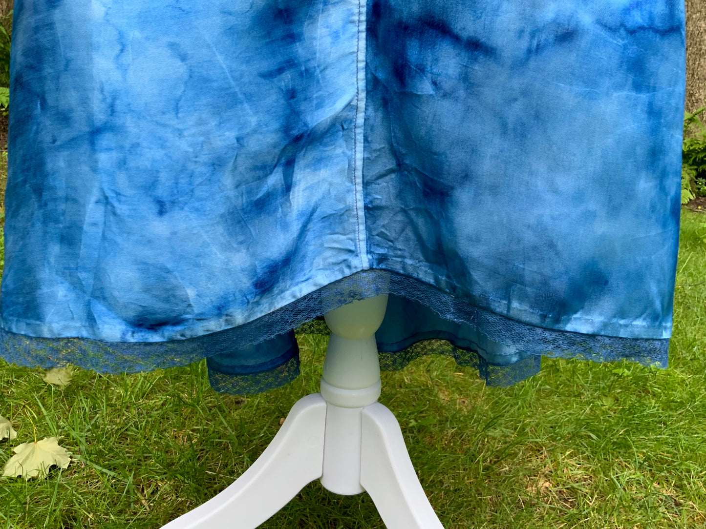 1930s Hand Dyed Blue Satin Nightgown with Floral Appliqués.40CG