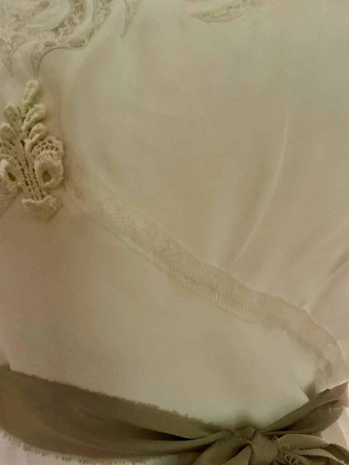 Circa 1930s–1940s White Satin Nightgown with Floral Lace and Ribbon Sash.