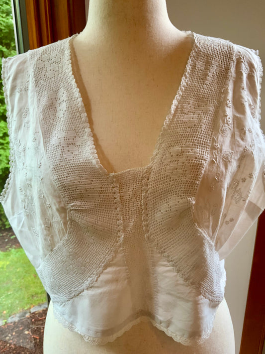 Antique Edwardian Corset Cover | Whitework Embroidery & Handmade Filet Crochet| XL-ED84