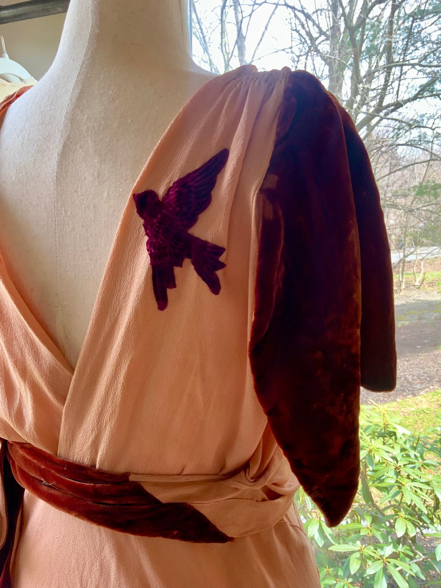 1930s Silk Crepe Evening Dress in Dusty Peach with Velvet Accents and Draped Waist | Artfully Restored-Iconic-30BH