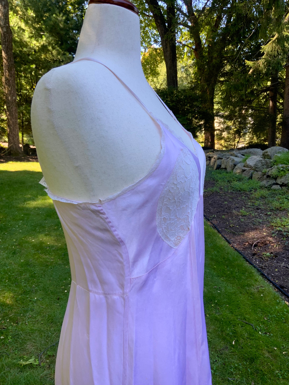 1930s Pink Satin Slip Dress with Lace and Chiffon Ruffle.30CJ