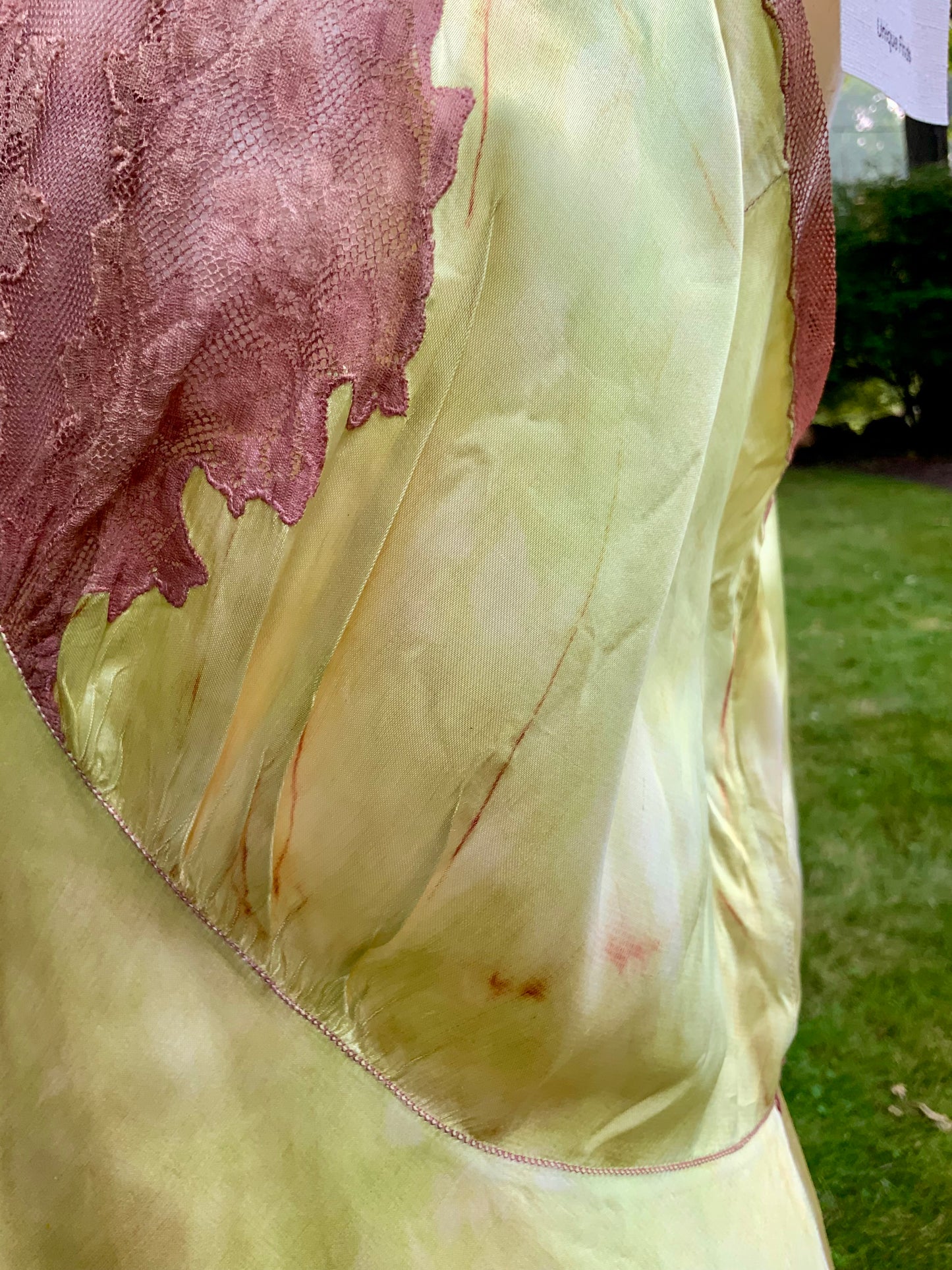 1930s Hand Dyed     Botanical Inspired Hand Dyed Silk Slip Dress. One of a Kind Woodland Fairy Bias Cut Gown.30BZ
