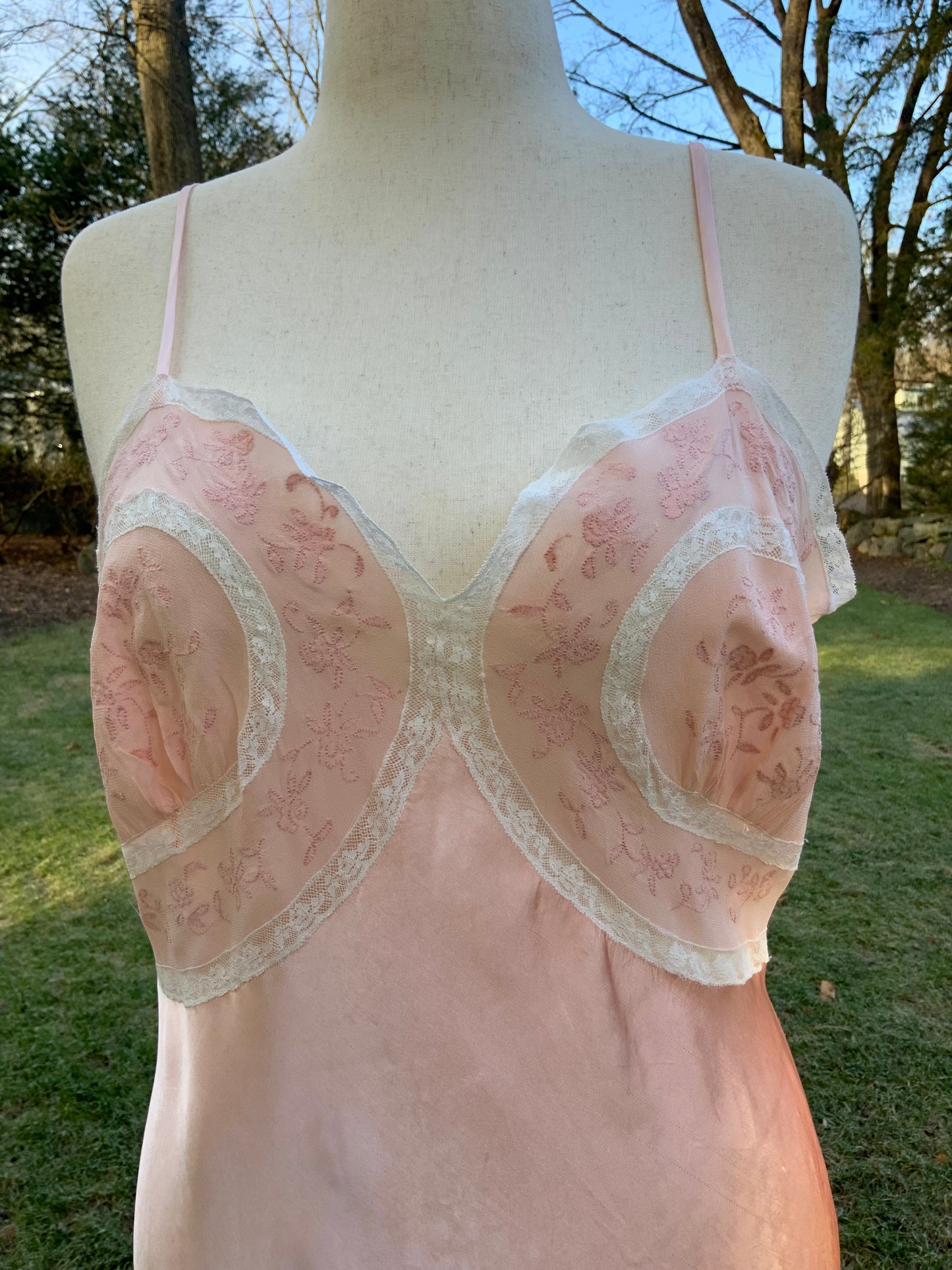 1930s Blush Satin & Chiffon Slip Dress – Floral Embroidery & Lace Panels - 30BA